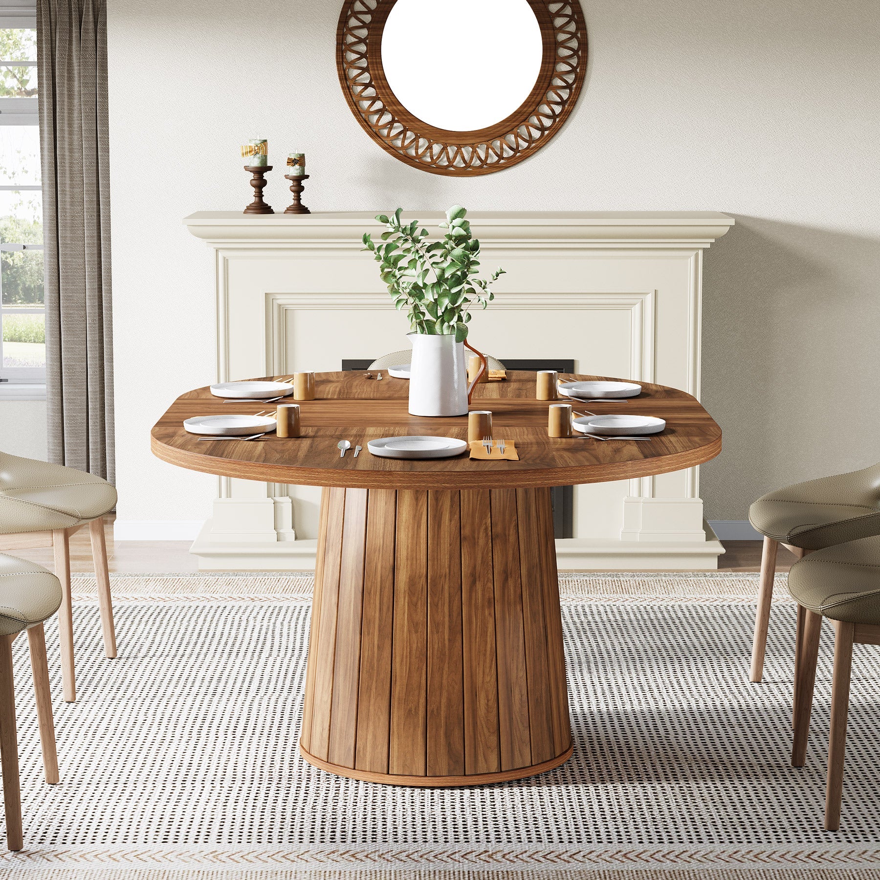 55" Dining Table, Oval Kitchen Dinner Table with Cylindrical Pedestal - Image 5