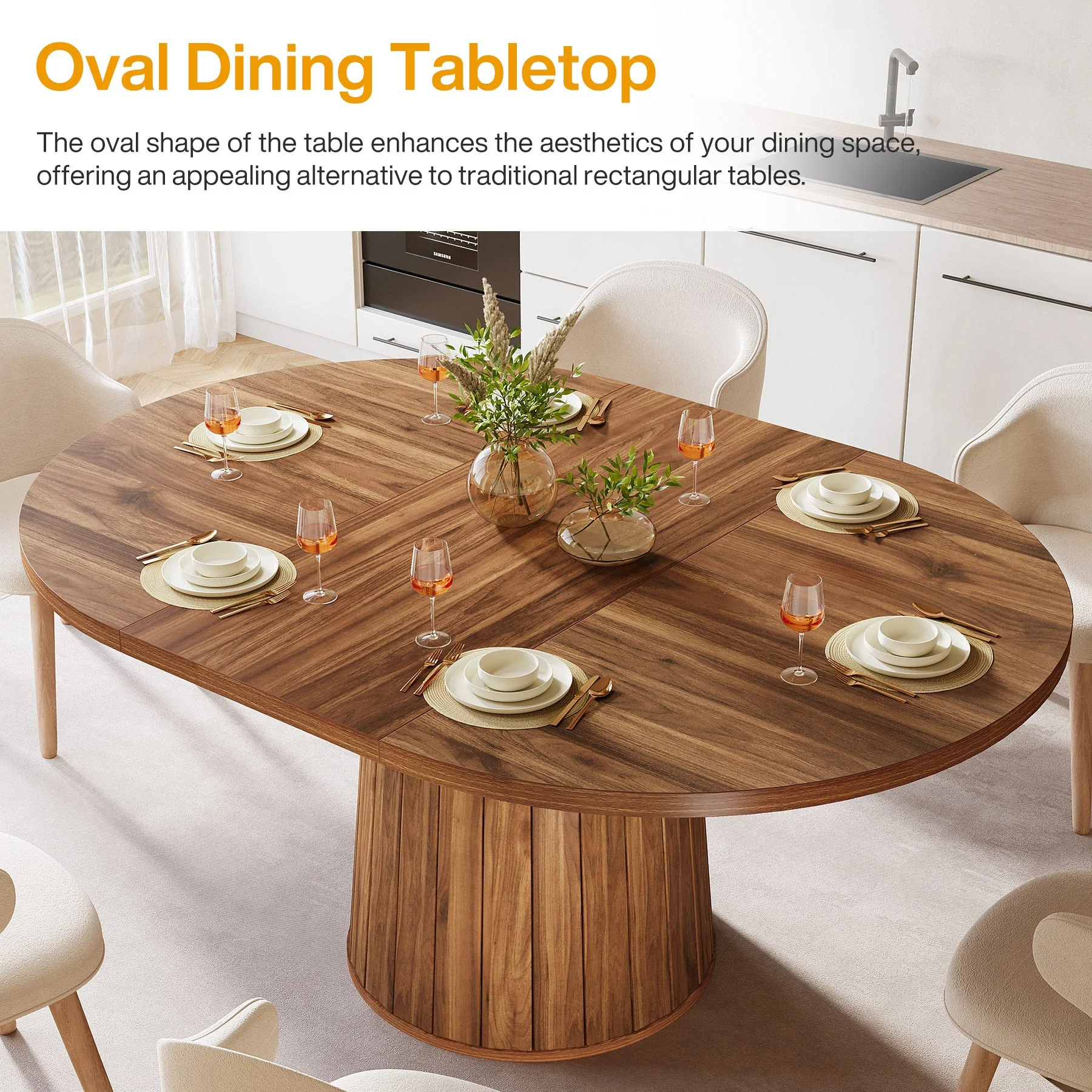 55" Dining Table, Oval Kitchen Dinner Table with Cylindrical Pedestal - Image 6