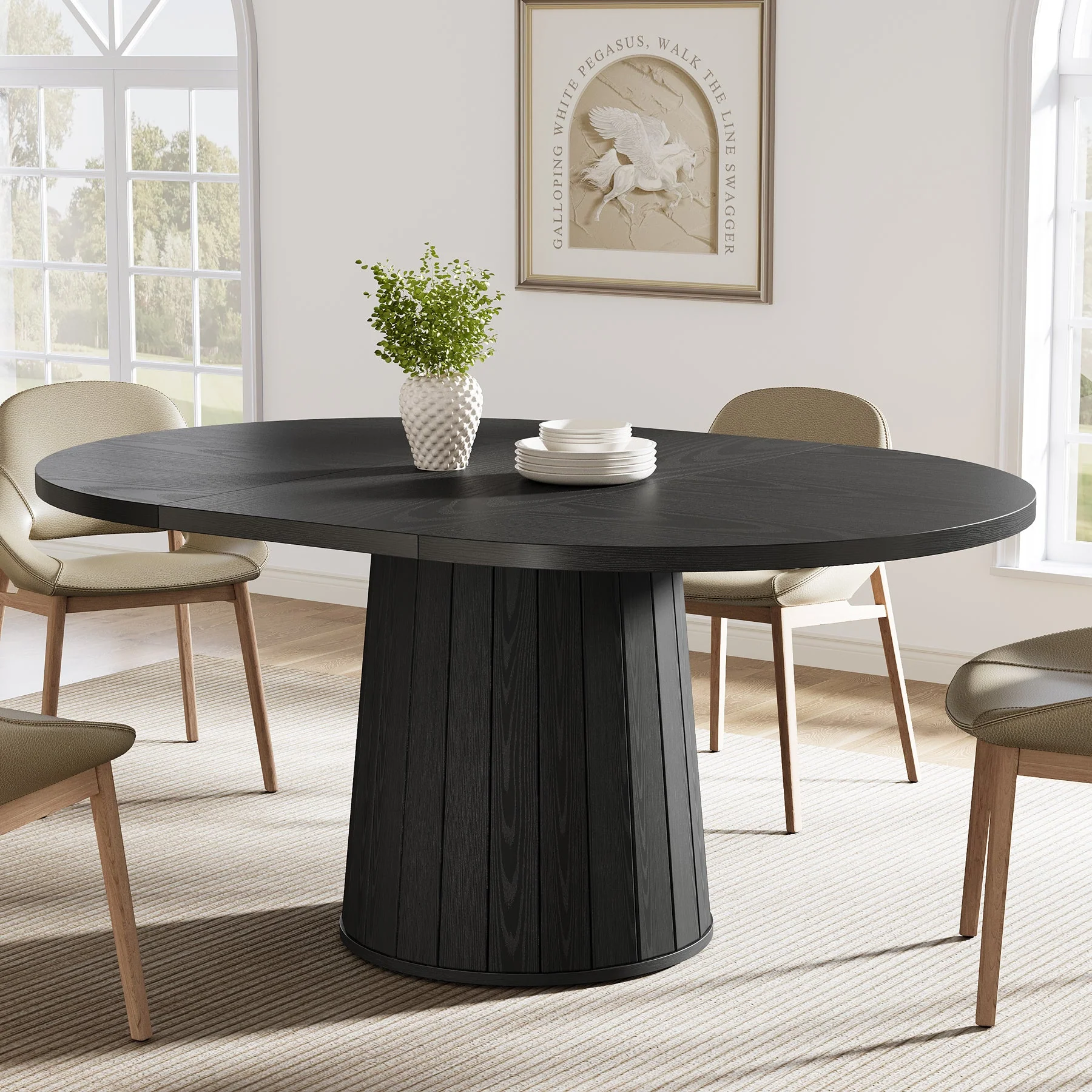 55" Dining Table, Oval Kitchen Dinner Table with Cylindrical Pedestal - Image 7