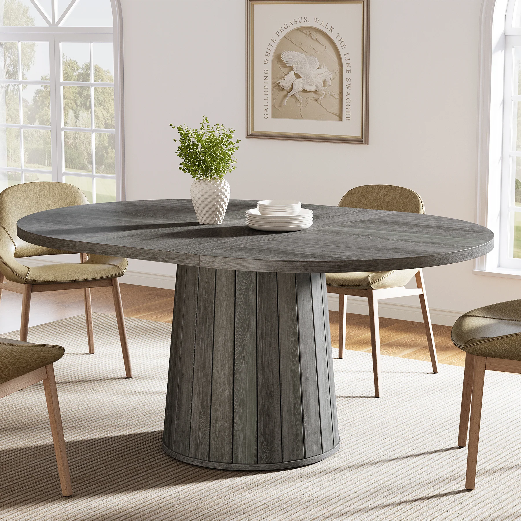 55" Dining Table, Oval Kitchen Dinner Table with Cylindrical Pedestal - Image 9