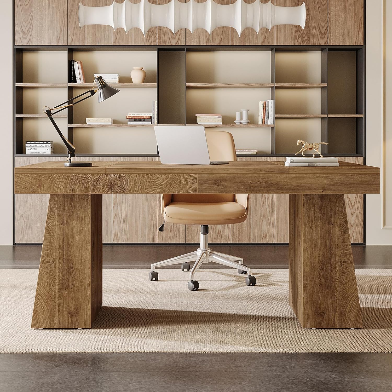 55" Executive Desk, Modern Computer Desk Workstation Desk with Double Trapezoidal Base - Image 7