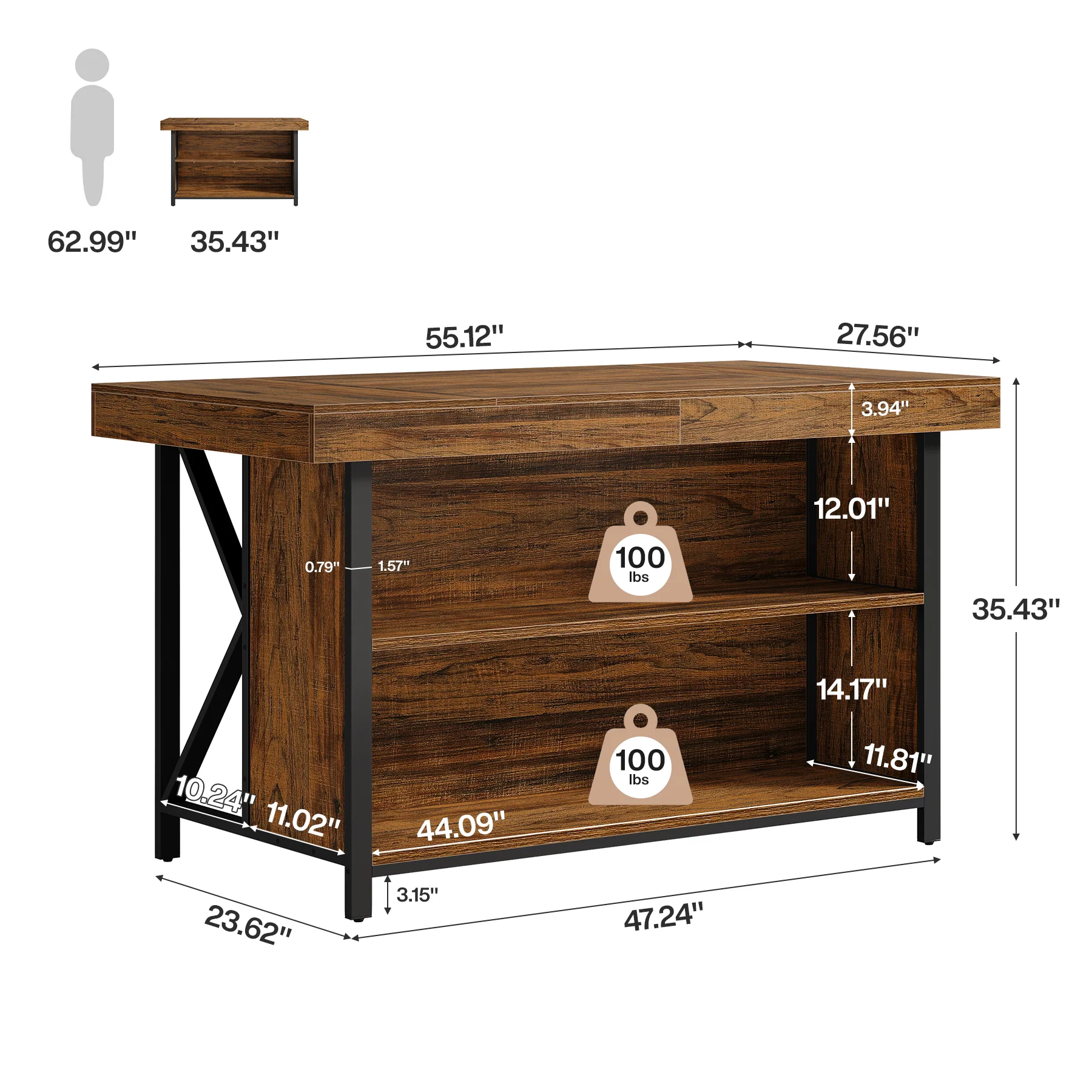 55" Kitchen Island with Storage, 3-Tier Stationary Island Table with Metal Frame - Image 2