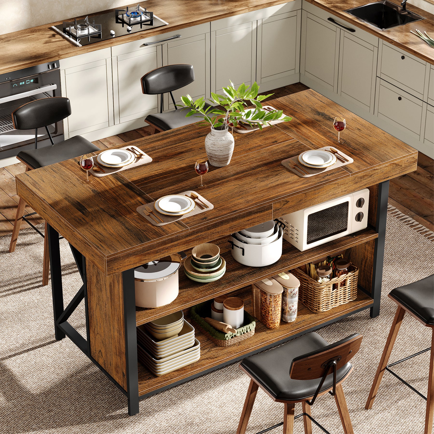 55" Kitchen Island with Storage, 3-Tier Stationary Island Table with Metal Frame - Image 3