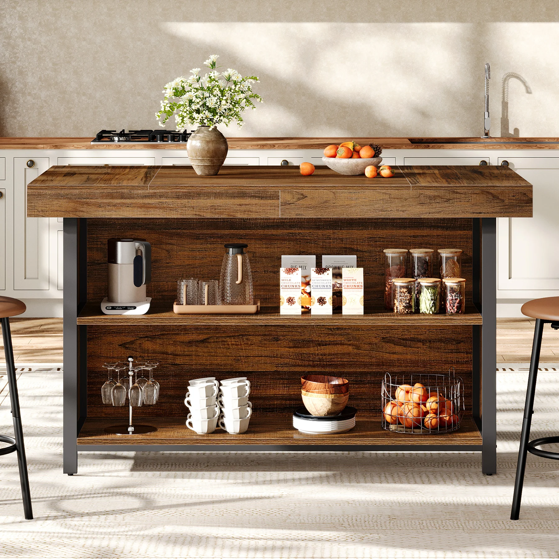 55" Kitchen Island with Storage, 3-Tier Stationary Island Table with Metal Frame - Image 4