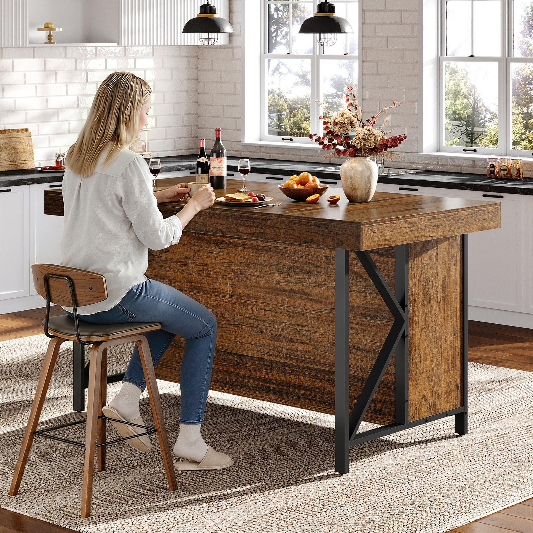 55" Kitchen Island with Storage, 3-Tier Stationary Island Table with Metal Frame - Image 5
