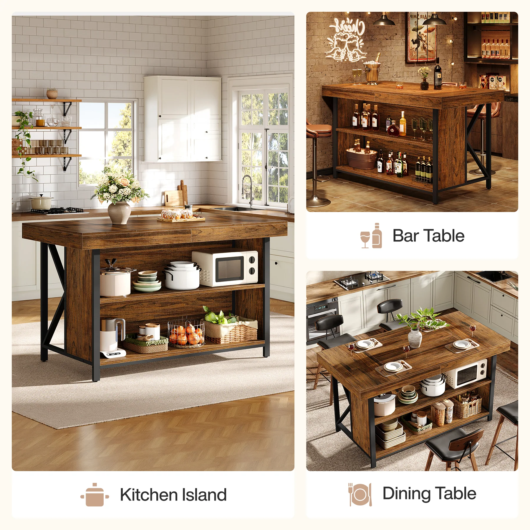 55" Kitchen Island with Storage, 3-Tier Stationary Island Table with Metal Frame - Image 6
