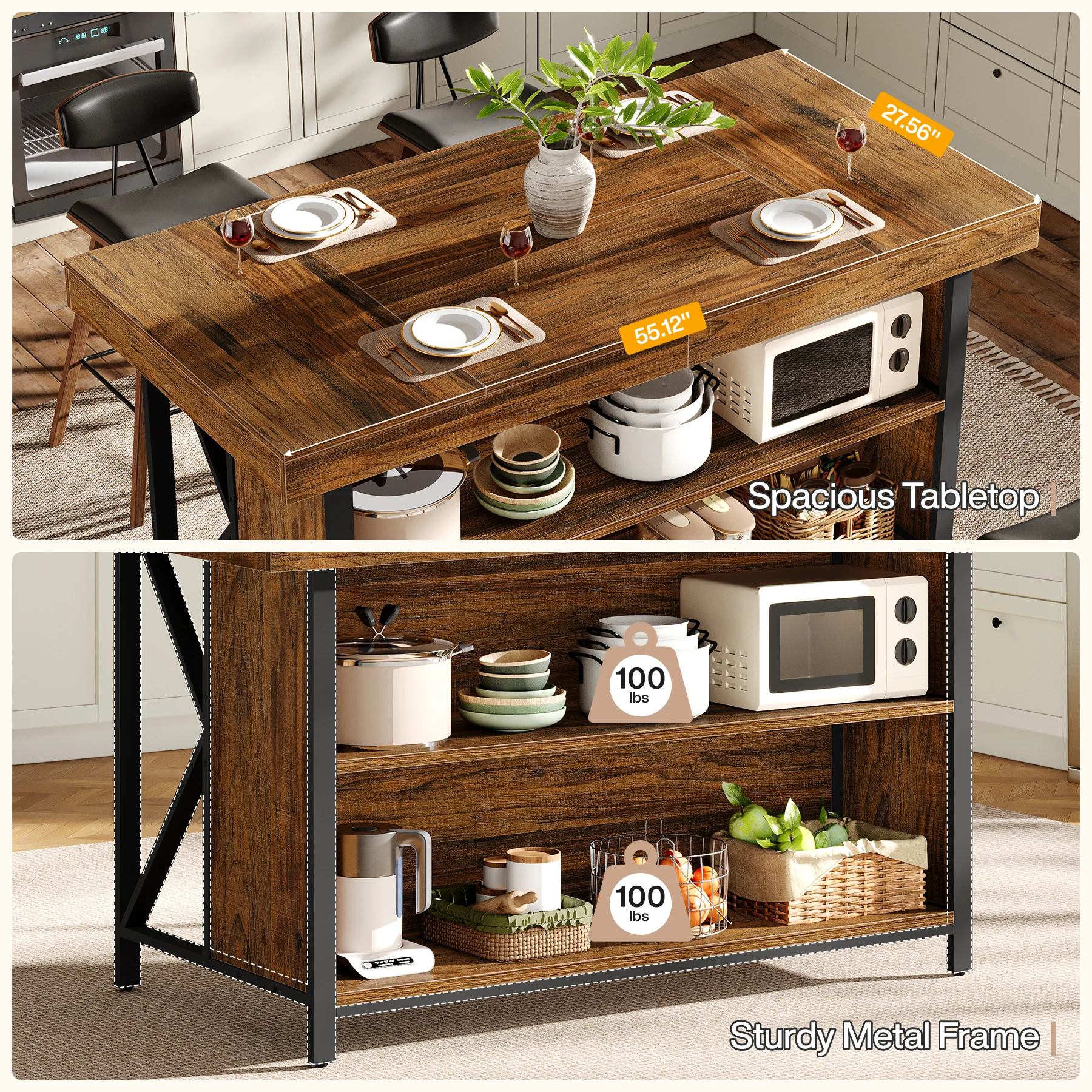 55" Kitchen Island with Storage, 3-Tier Stationary Island Table with Metal Frame - Image 8