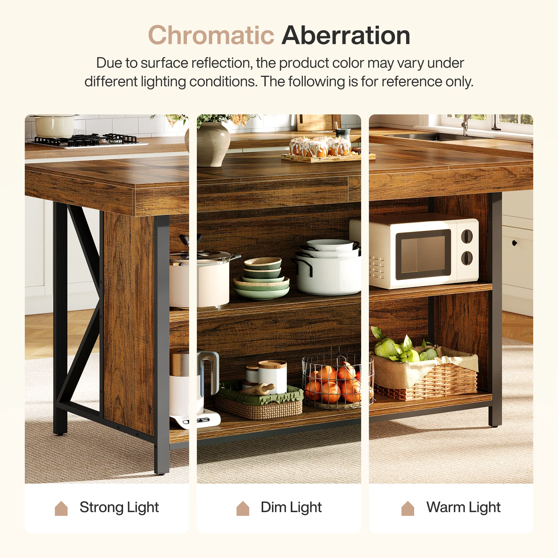 55" Kitchen Island with Storage, 3-Tier Stationary Island Table with Metal Frame - Image 9