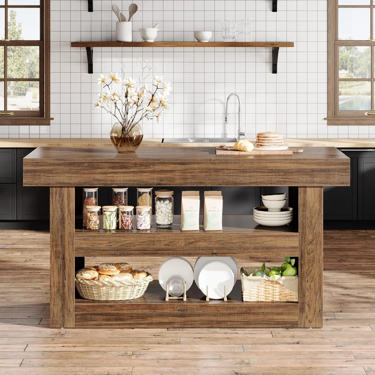55" Kitchen Island, Farmhouse 3-Tier Island Table with Large Countertop - Image 3