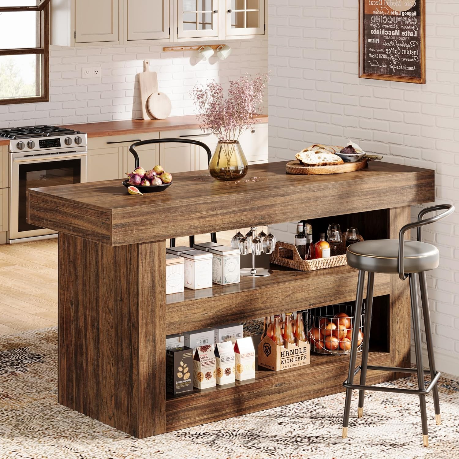 55" Kitchen Island, Farmhouse 3-Tier Island Table with Large Countertop - Image 4