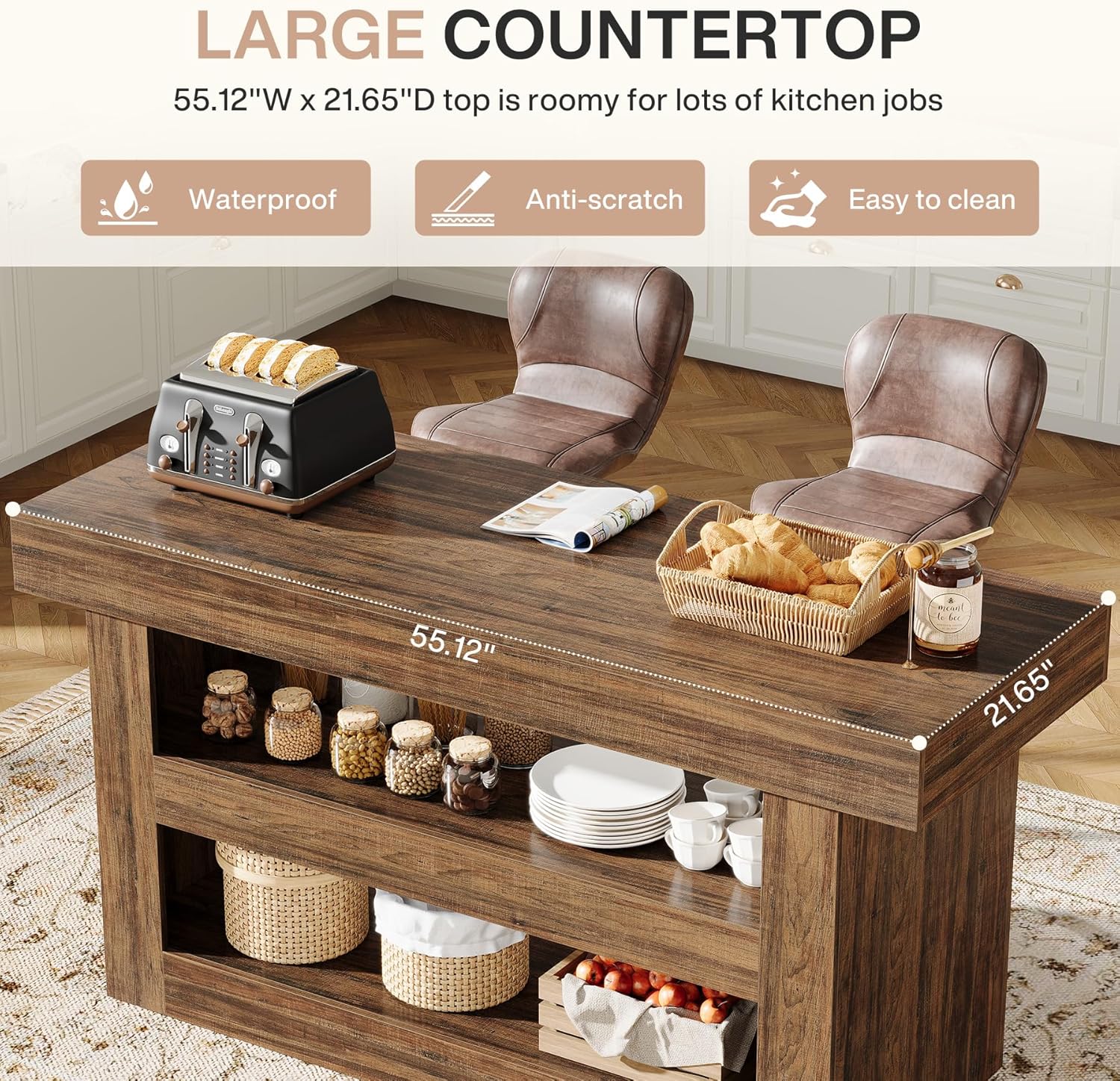 55" Kitchen Island, Farmhouse 3-Tier Island Table with Large Countertop - Image 6