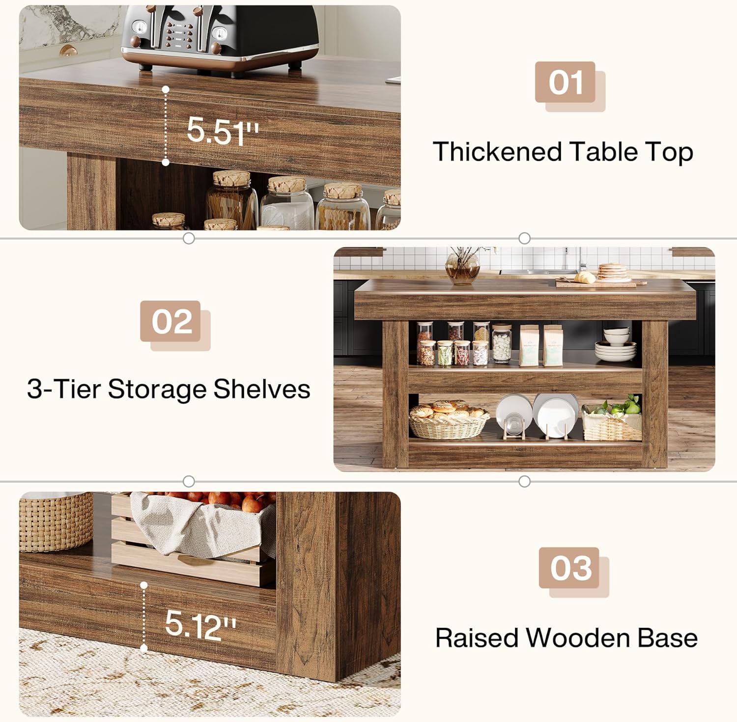 55" Kitchen Island, Farmhouse 3-Tier Island Table with Large Countertop - Image 7