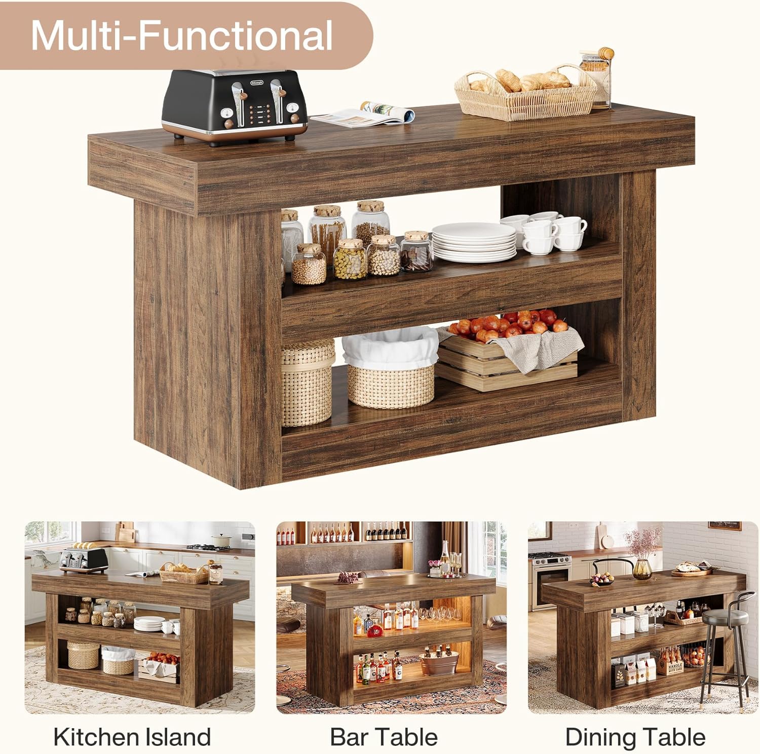 55" Kitchen Island, Farmhouse 3-Tier Island Table with Large Countertop - Image 8