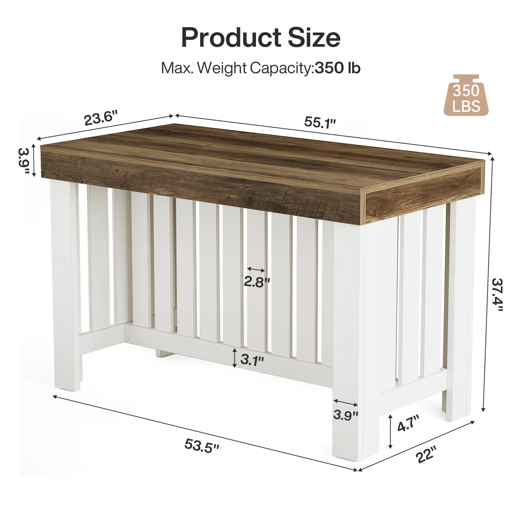 55" Kitchen Island, Farmhouse Stationary Table with Sturdy Base for Kitchen - Image 2