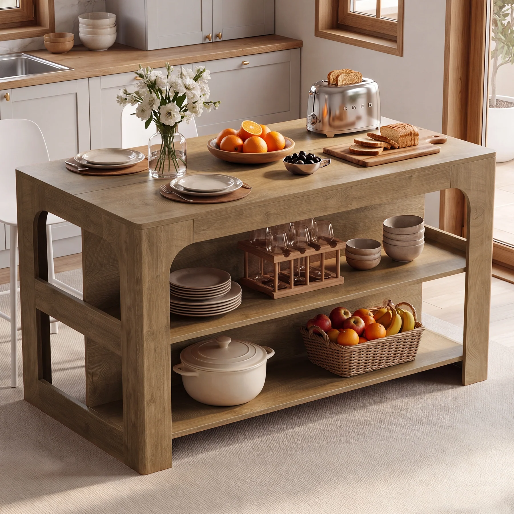 55" Kitchen Island with 3-Tier Storage, Farmhouse Stationary Island Table for Kitchen - Image 3