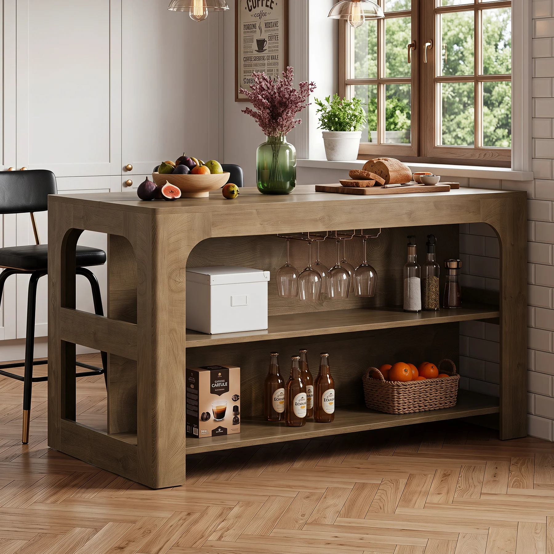 55" Kitchen Island with 3-Tier Storage, Farmhouse Stationary Island Table for Kitchen - Image 4