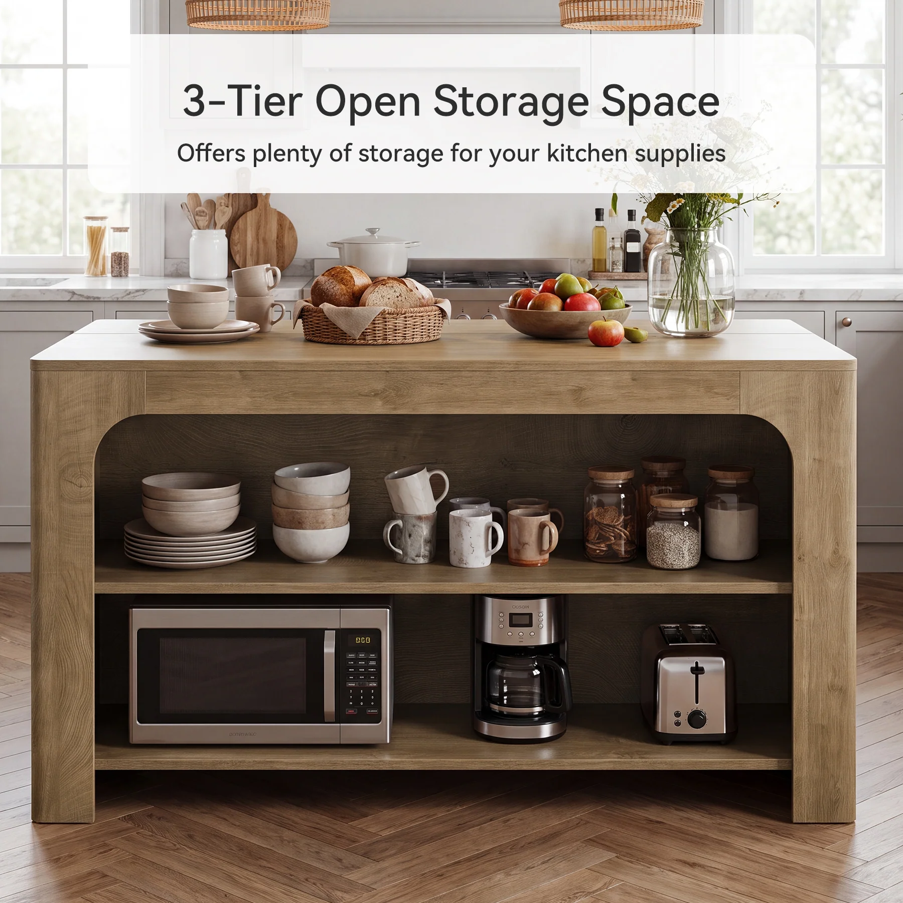 55" Kitchen Island with 3-Tier Storage, Farmhouse Stationary Island Table for Kitchen - Image 7
