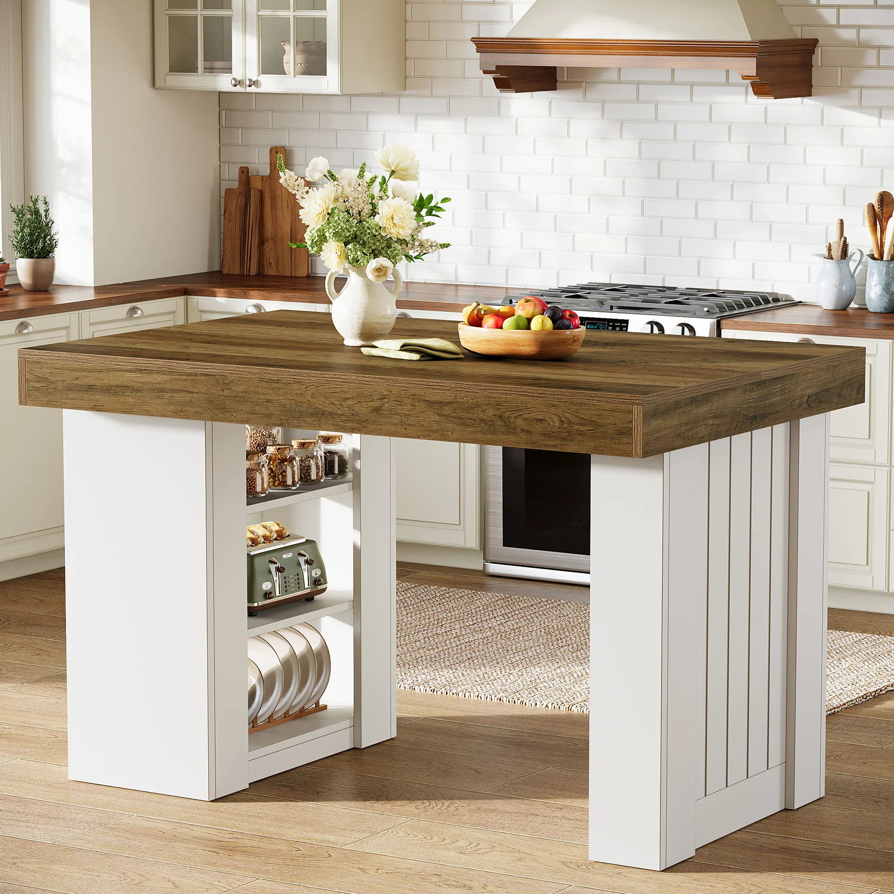 55" Kitchen Island with Storage, Farmhouse Stationary Island Table for Kitchen - Image 3