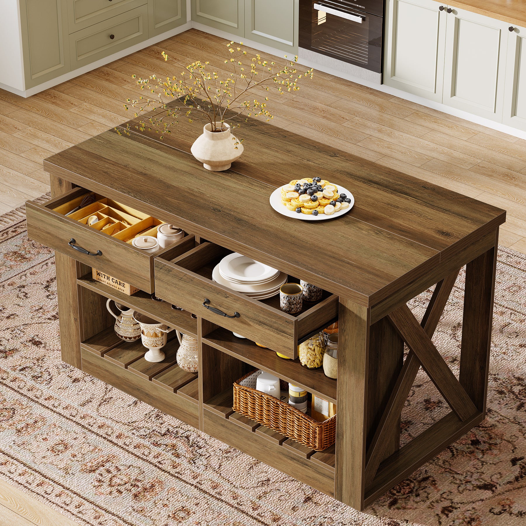 55" Kitchen Island, Wooden Bar Table with 2 Drawers and Open Shelf - Image 3