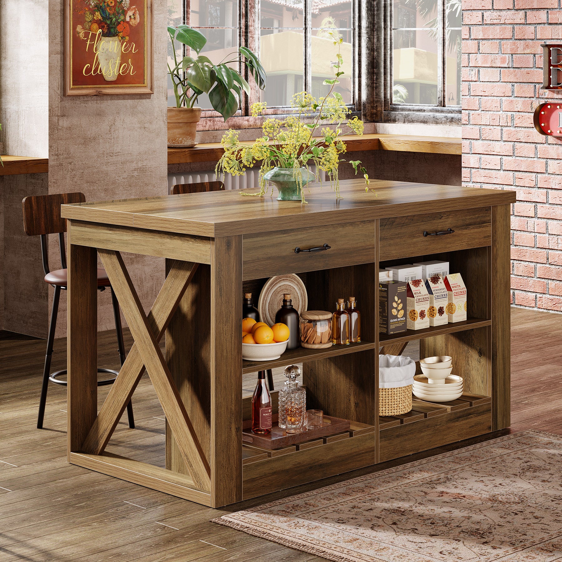 55" Kitchen Island, Wooden Bar Table with 2 Drawers and Open Shelf - Image 4