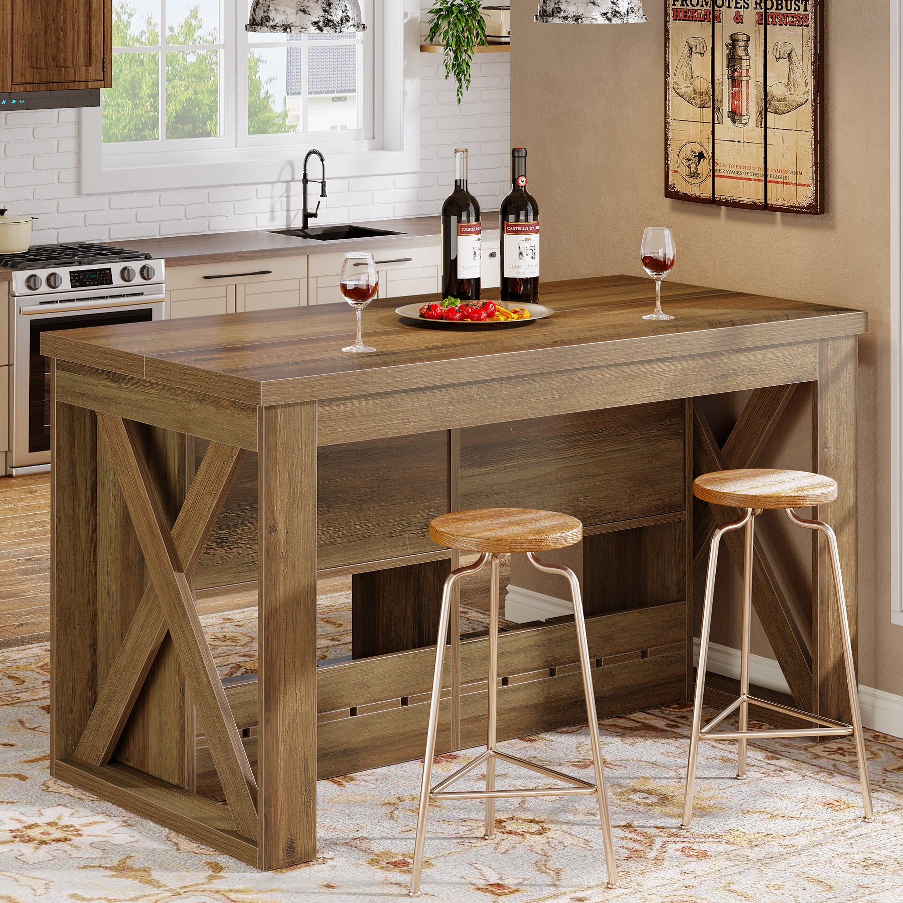 55" Kitchen Island, Wooden Bar Table with 2 Drawers and Open Shelf - Image 5