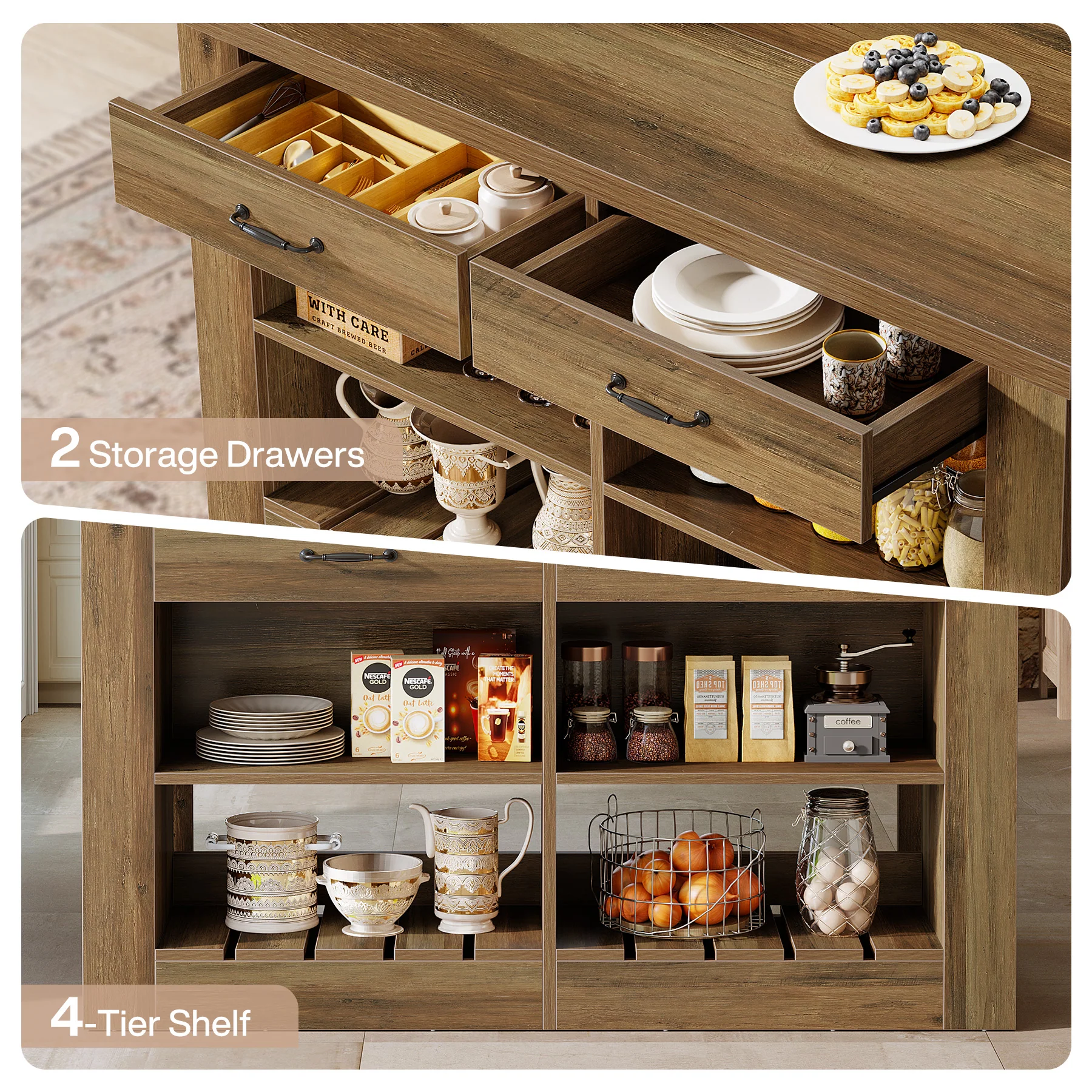 55" Kitchen Island, Wooden Bar Table with 2 Drawers and Open Shelf - Image 6