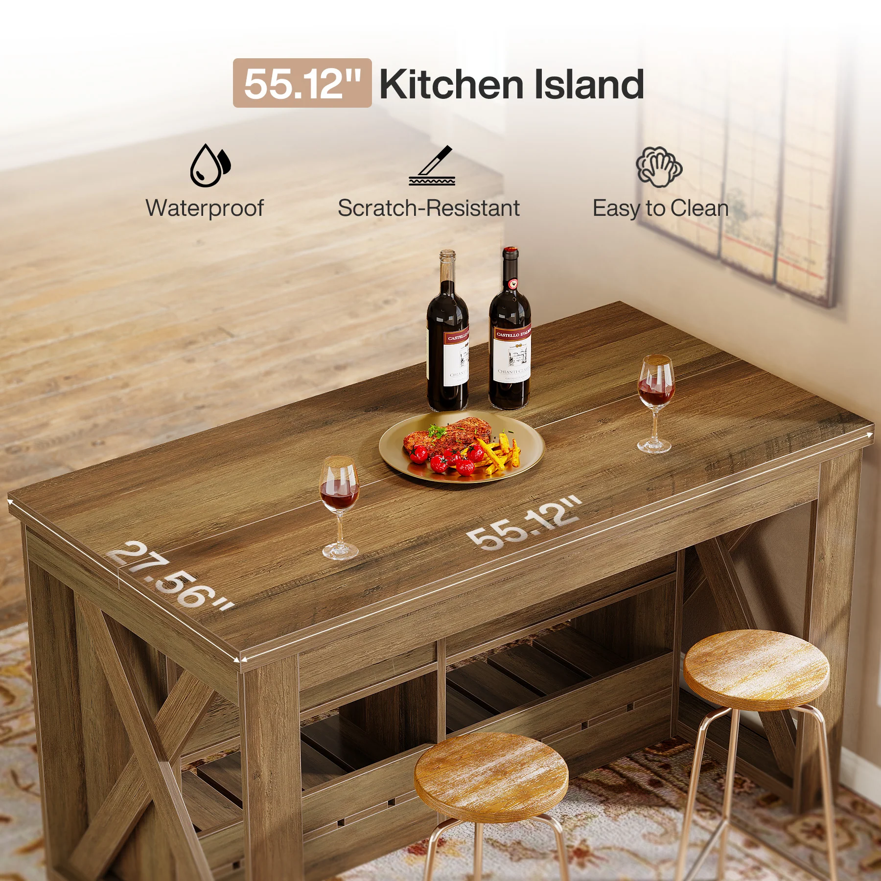 55" Kitchen Island, Wooden Bar Table with 2 Drawers and Open Shelf - Image 7