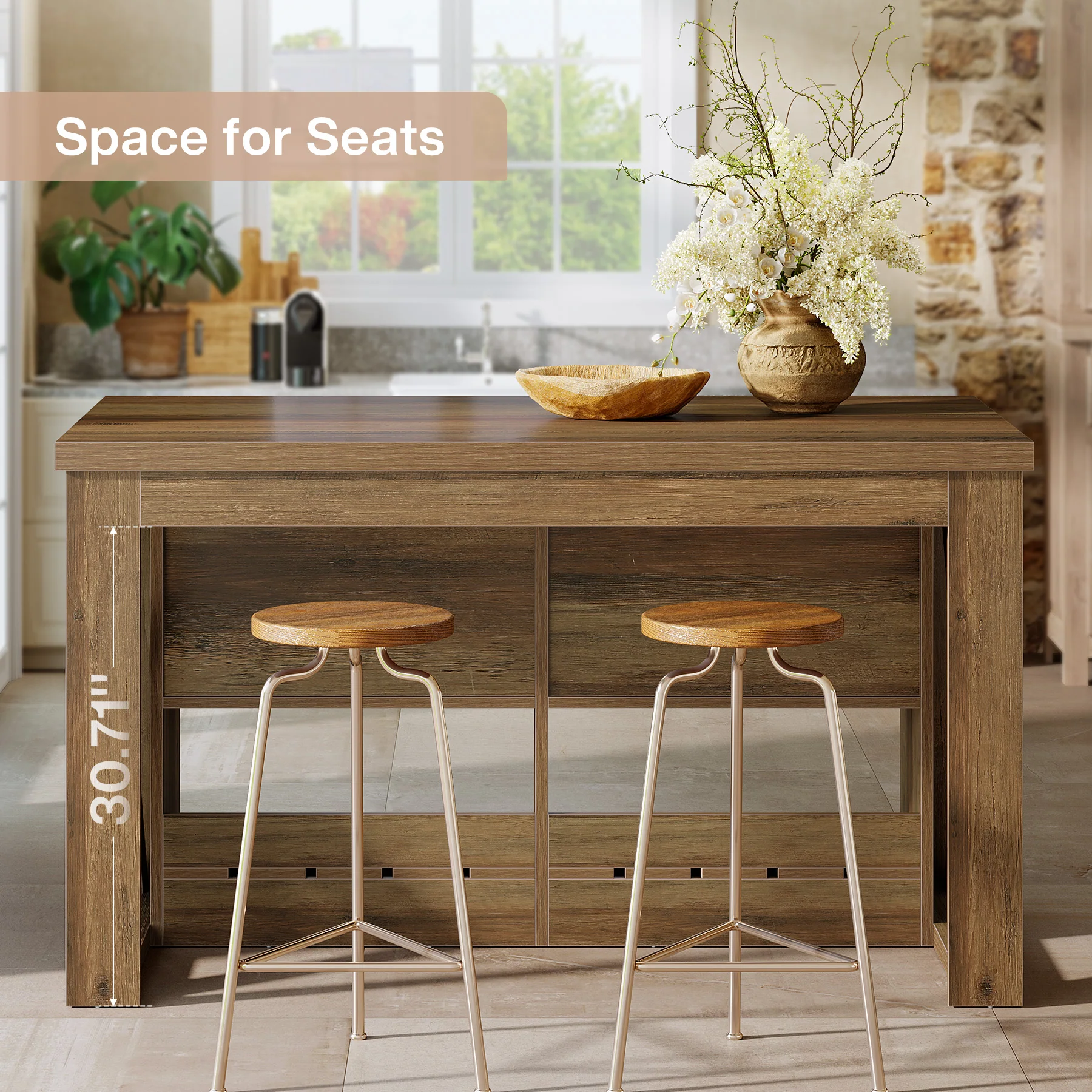55" Kitchen Island, Wooden Bar Table with 2 Drawers and Open Shelf - Image 8