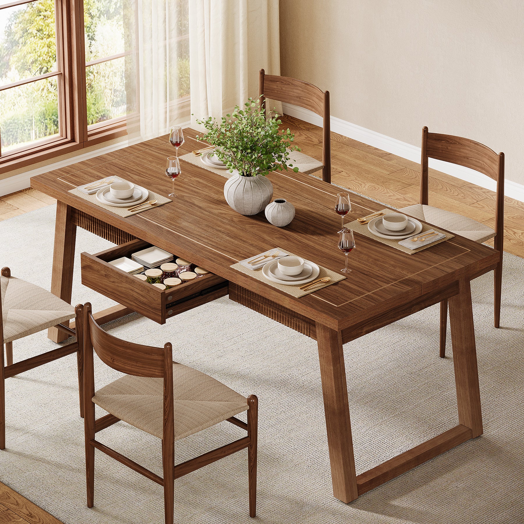 55" Rectangular Dining Table with Drawer & Solid Wood Legs for 4-6