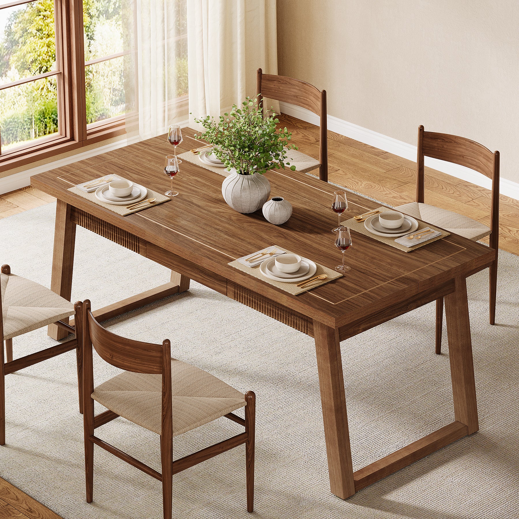 55" Rectangular Dining Table with Drawer & Solid Wood Legs for 4-6 - Image 3