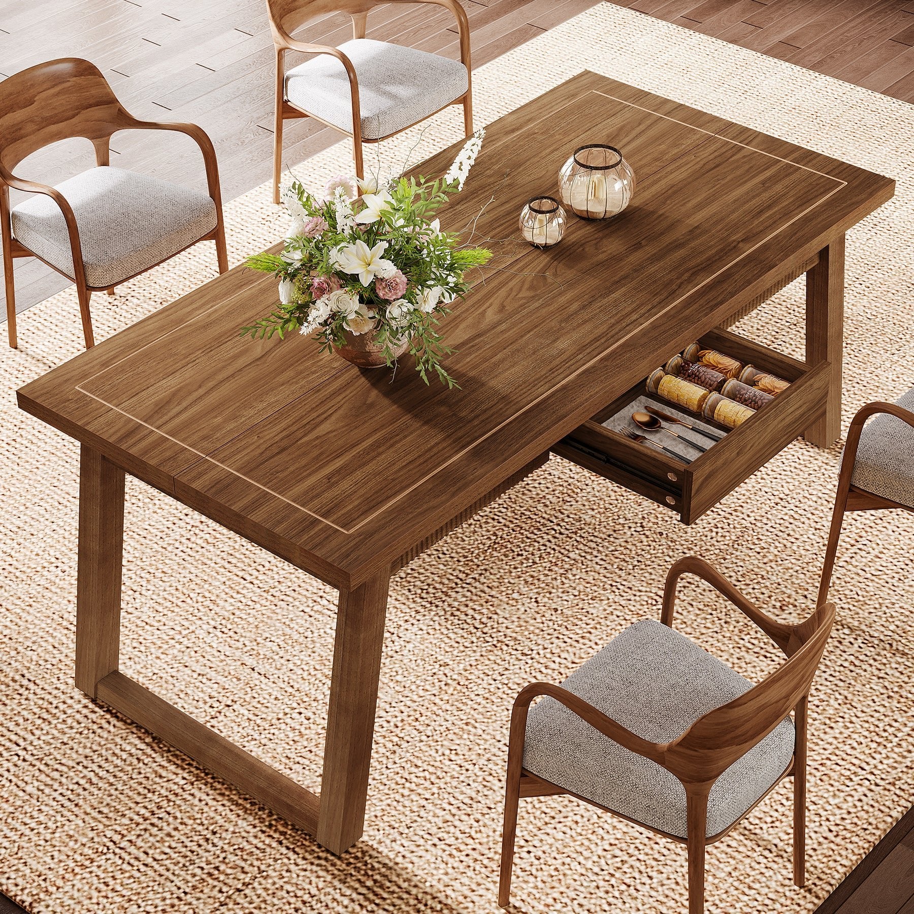 55" Rectangular Dining Table with Drawer & Solid Wood Legs for 4-6 - Image 4