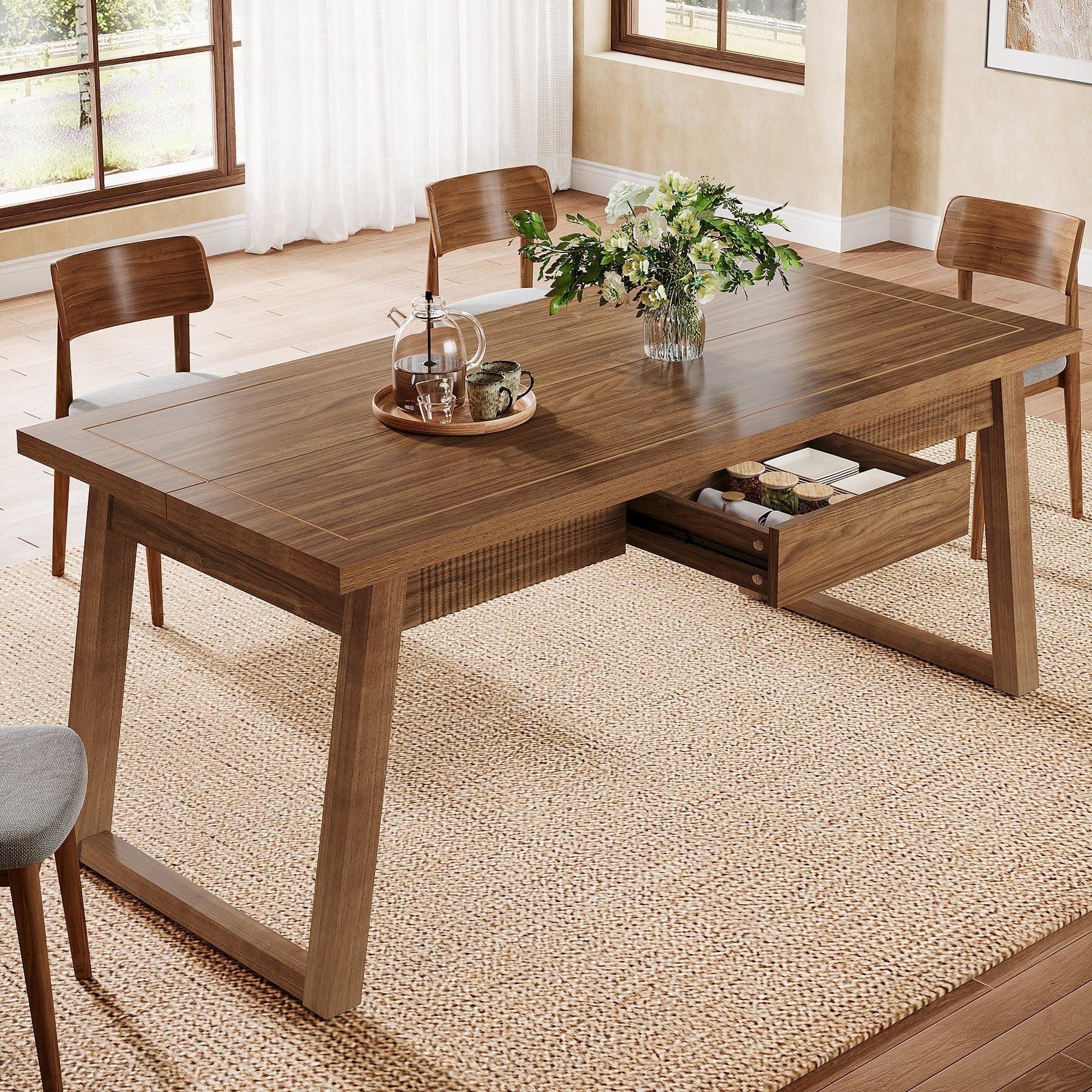 55" Rectangular Dining Table with Drawer & Solid Wood Legs for 4-6 - Image 5