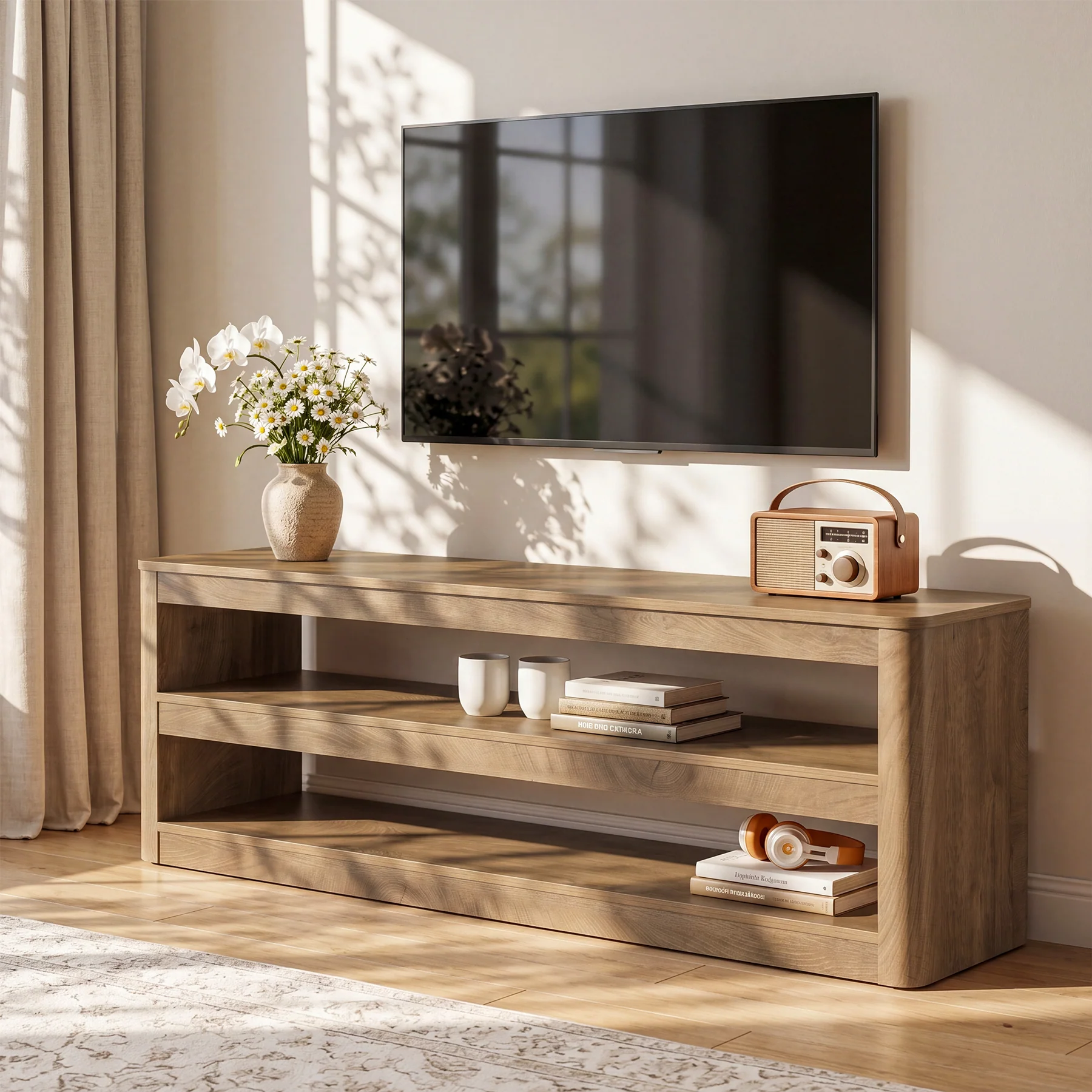 55" TV Stand for TVs up to 70", Farmhouse Entertainment Center with 3 Shelves