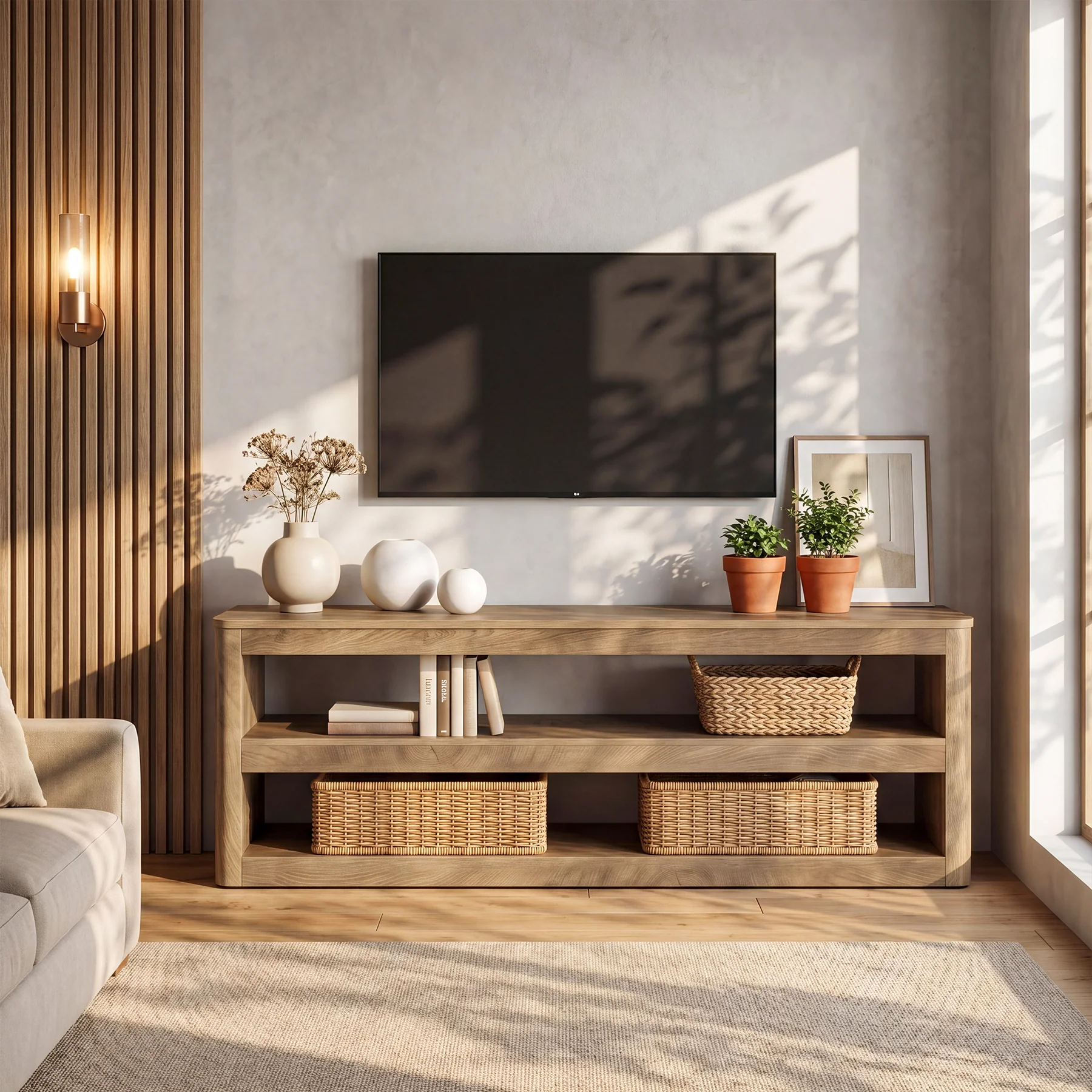 55" TV Stand for TVs up to 70", Farmhouse Entertainment Center with 3 Shelves - Image 5