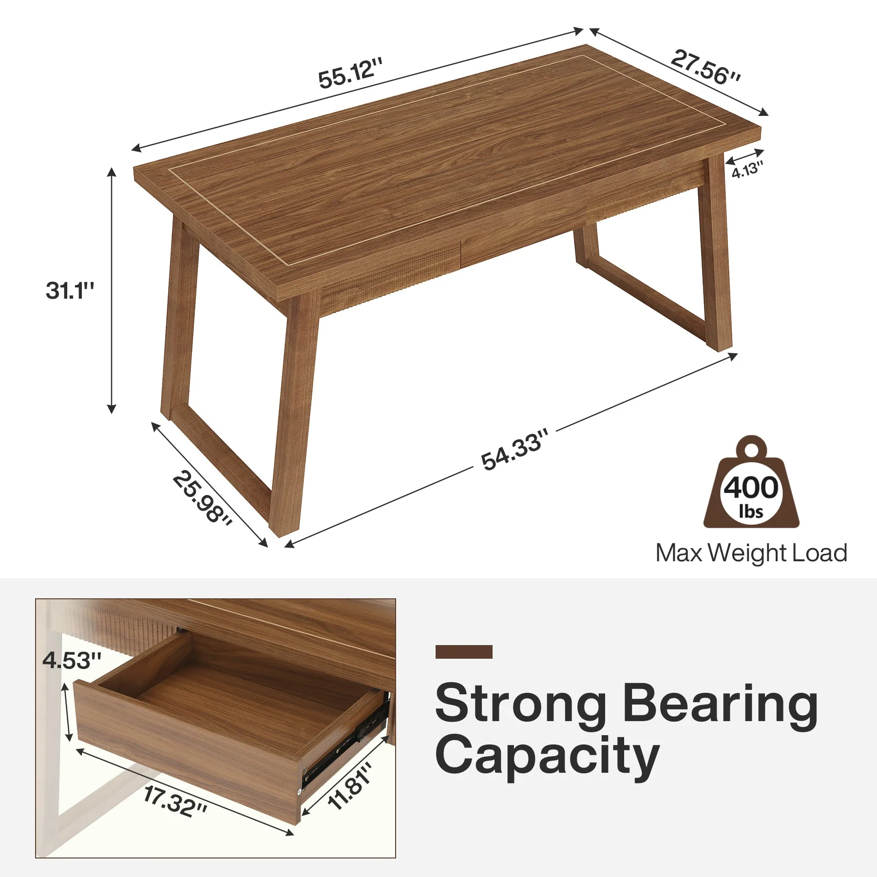 55" Wood Computer Desk, Mid-Century Modern Study Writing Table with Drawer - Image 2