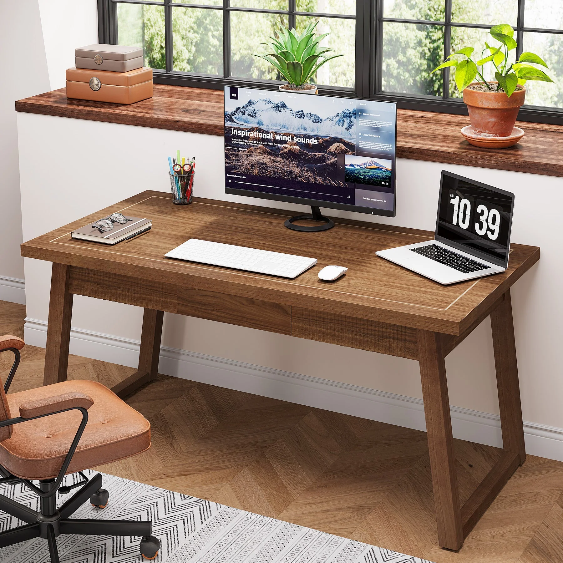 55" Wood Computer Desk, Mid-Century Modern Study Writing Table with Drawer - Image 3