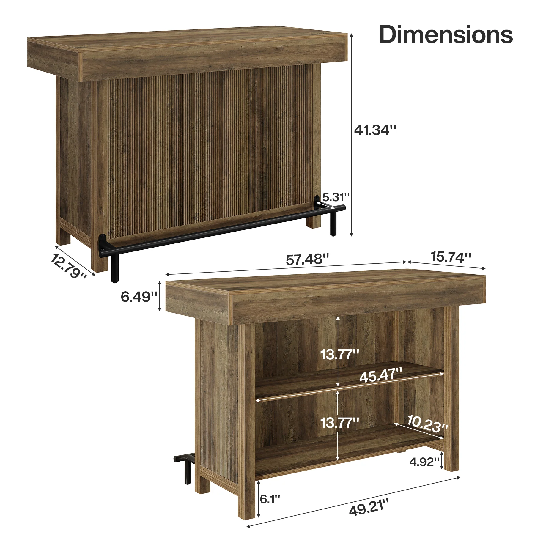 57.48" Bar Unit, Industrial Counter Height Bar Table with 2-Tier Storage - Image 2