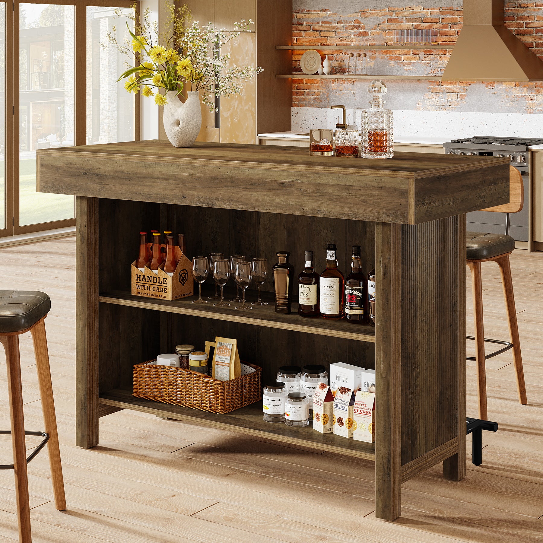 57.48" Bar Unit, Industrial Counter Height Bar Table with 2-Tier Storage - Image 3