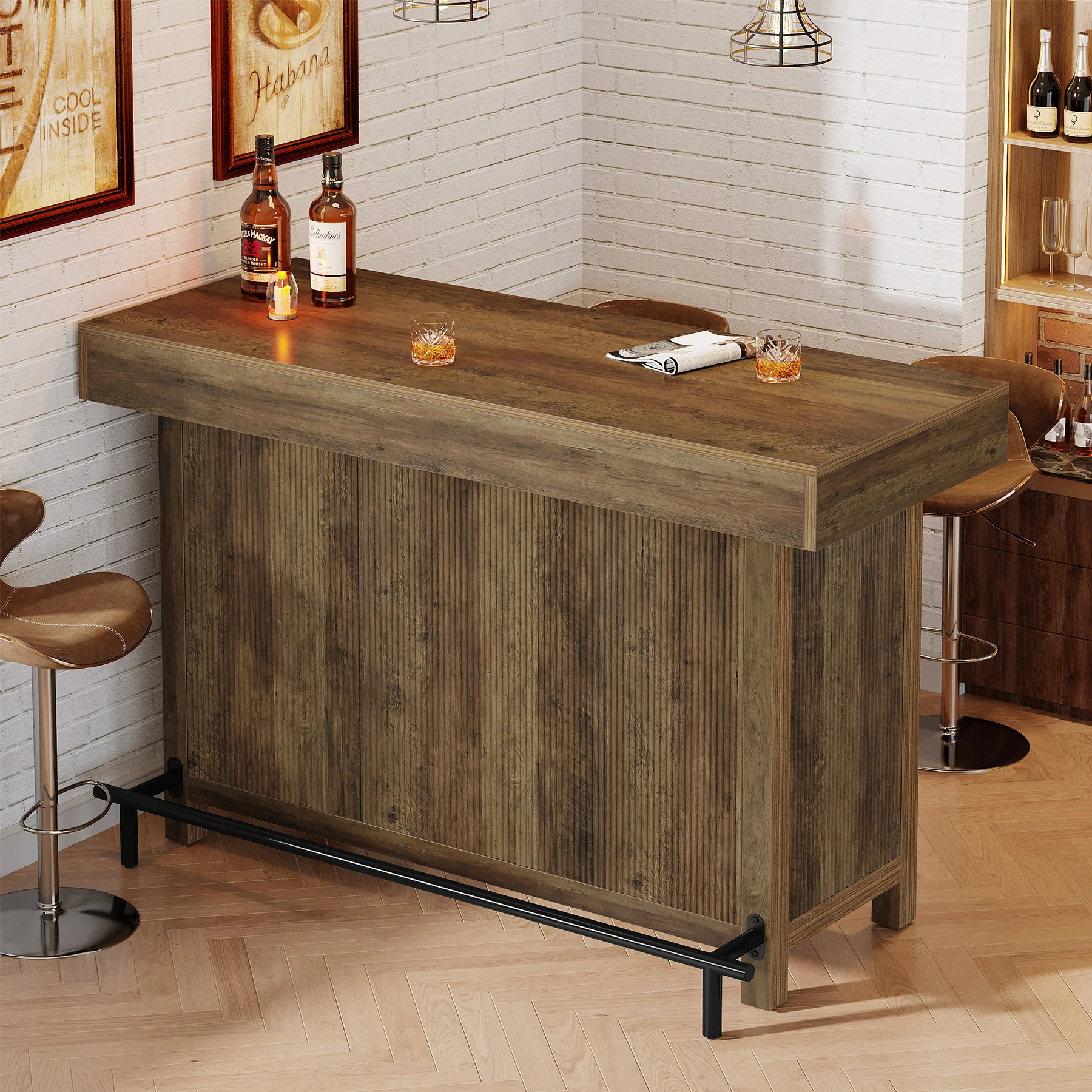 57.48" Bar Unit, Industrial Counter Height Bar Table with 2-Tier Storage - Image 4