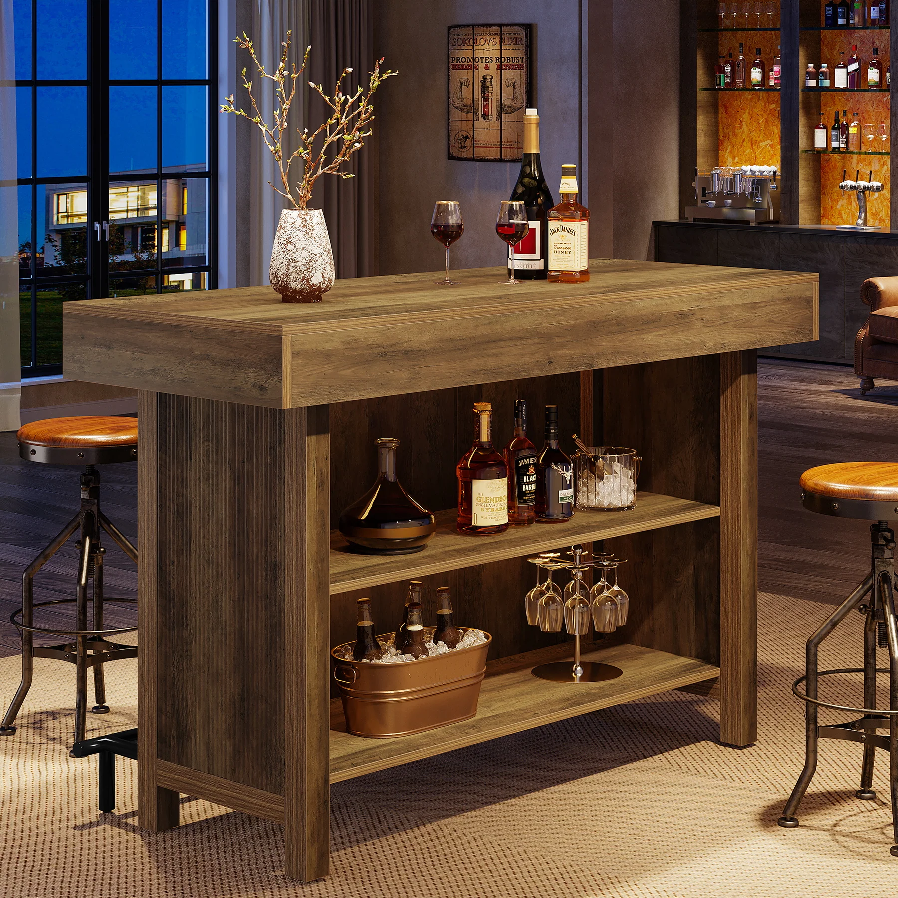 57.48" Bar Unit, Industrial Counter Height Bar Table with 2-Tier Storage - Image 6