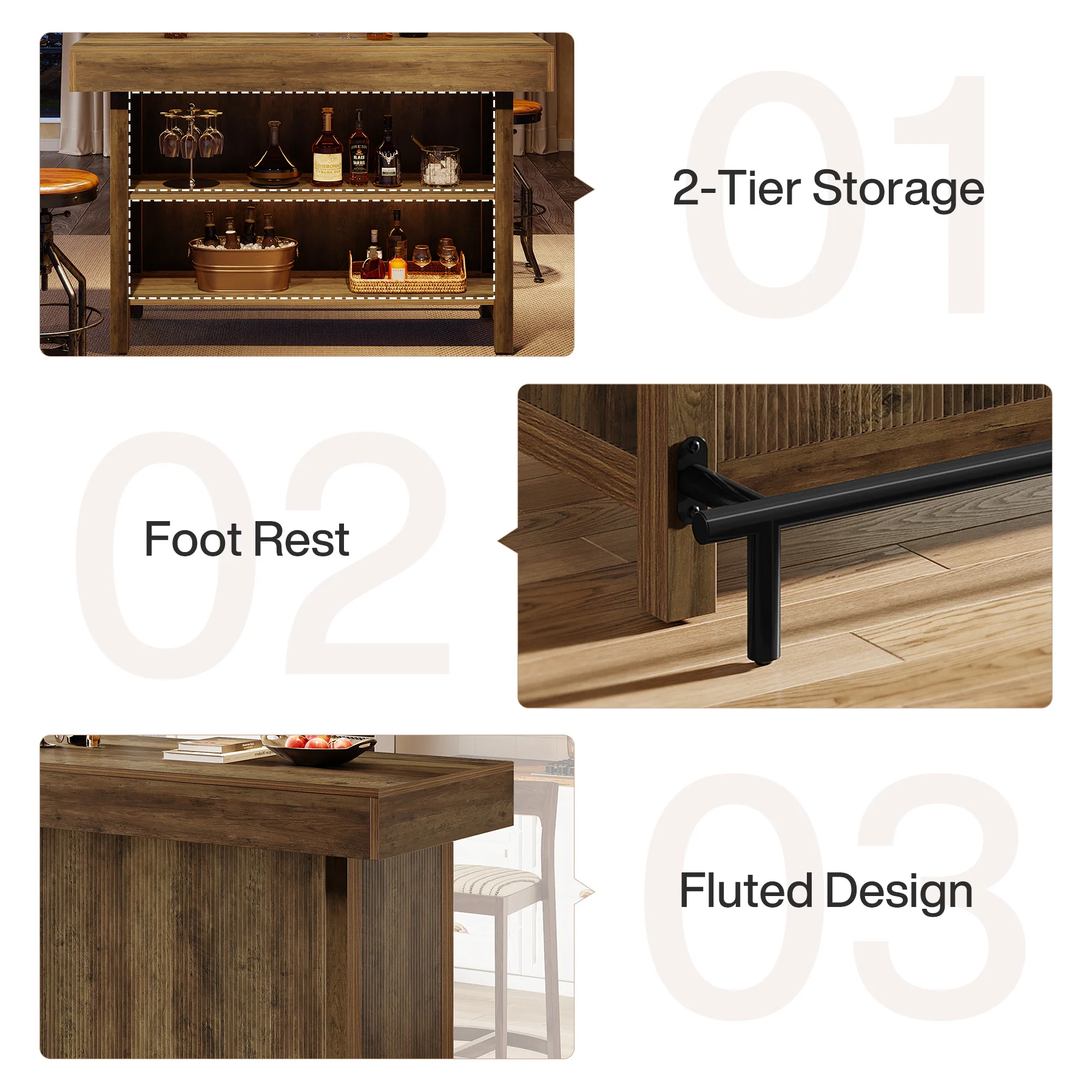 57.48" Bar Unit, Industrial Counter Height Bar Table with 2-Tier Storage - Image 8