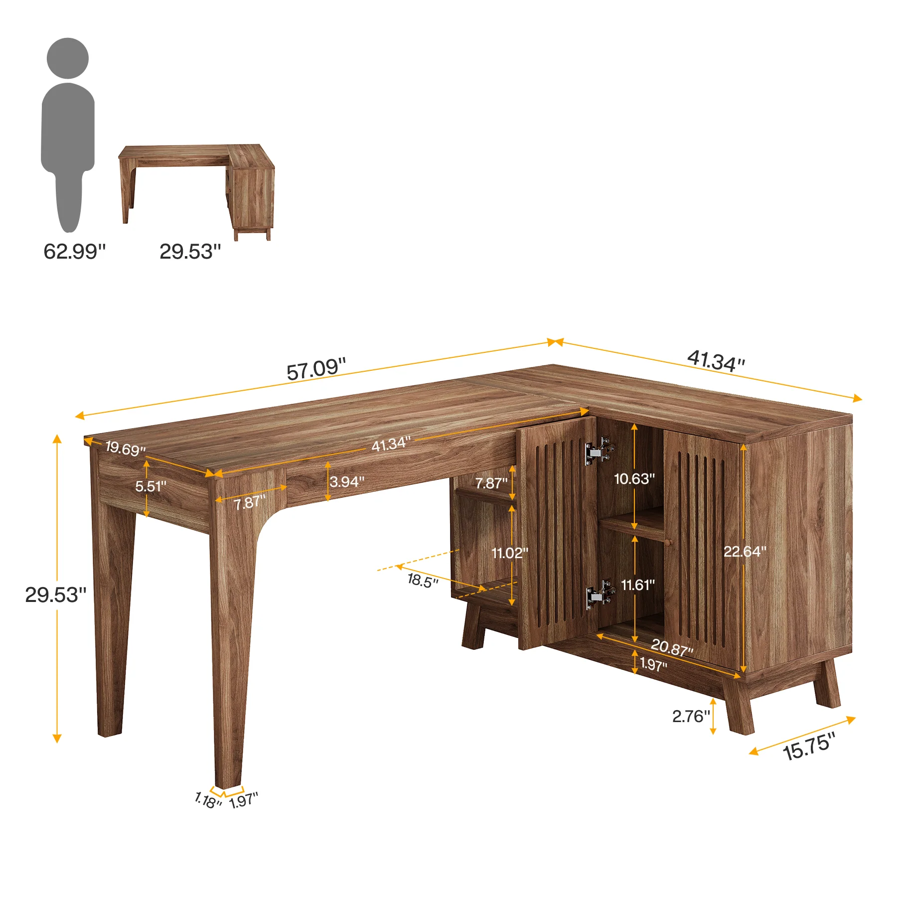 57" L-Shaped Corner Desk, Wood Computer Desk Study Writing Table with Cabinet - Image 2