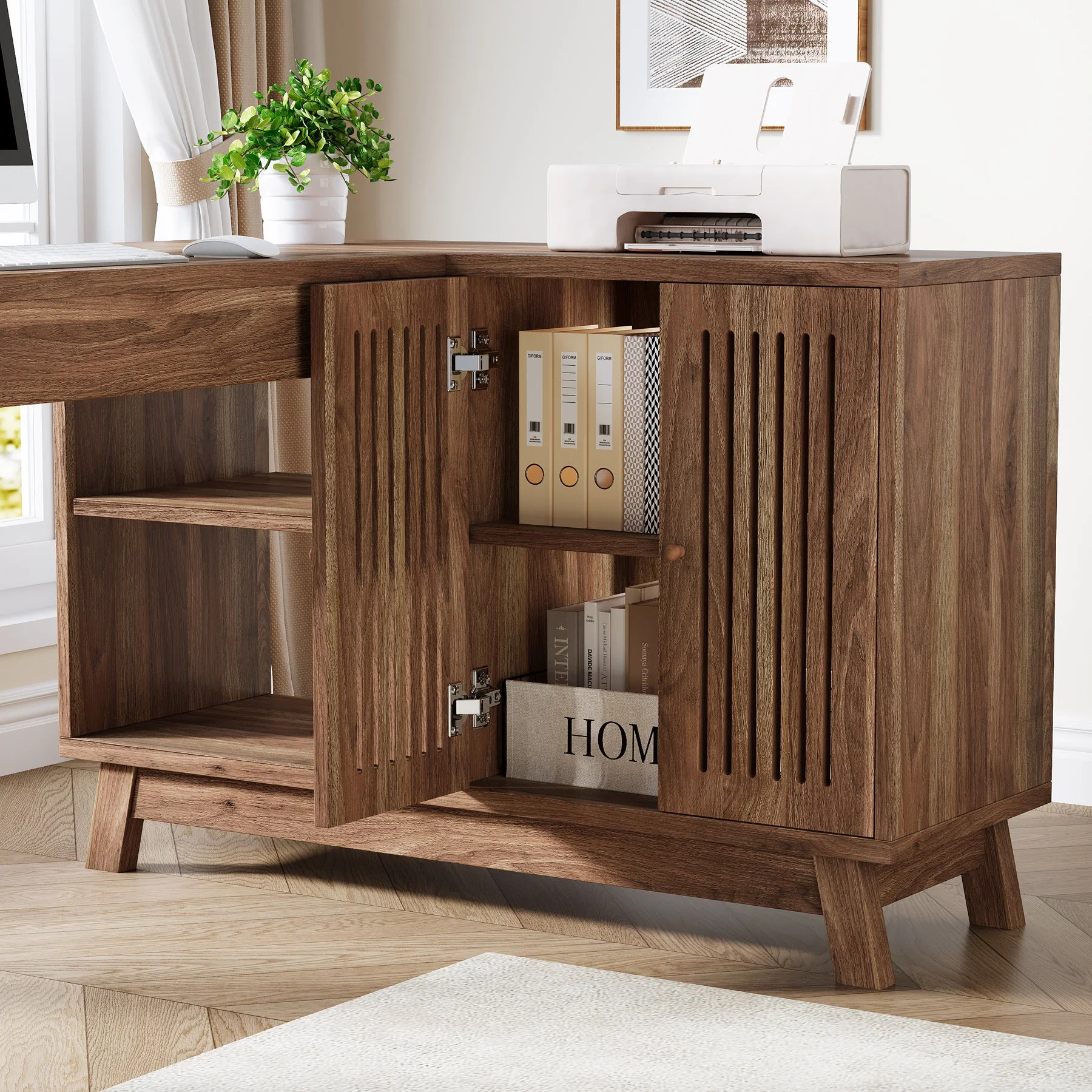 57" L-Shaped Corner Desk, Wood Computer Desk Study Writing Table with Cabinet - Image 5