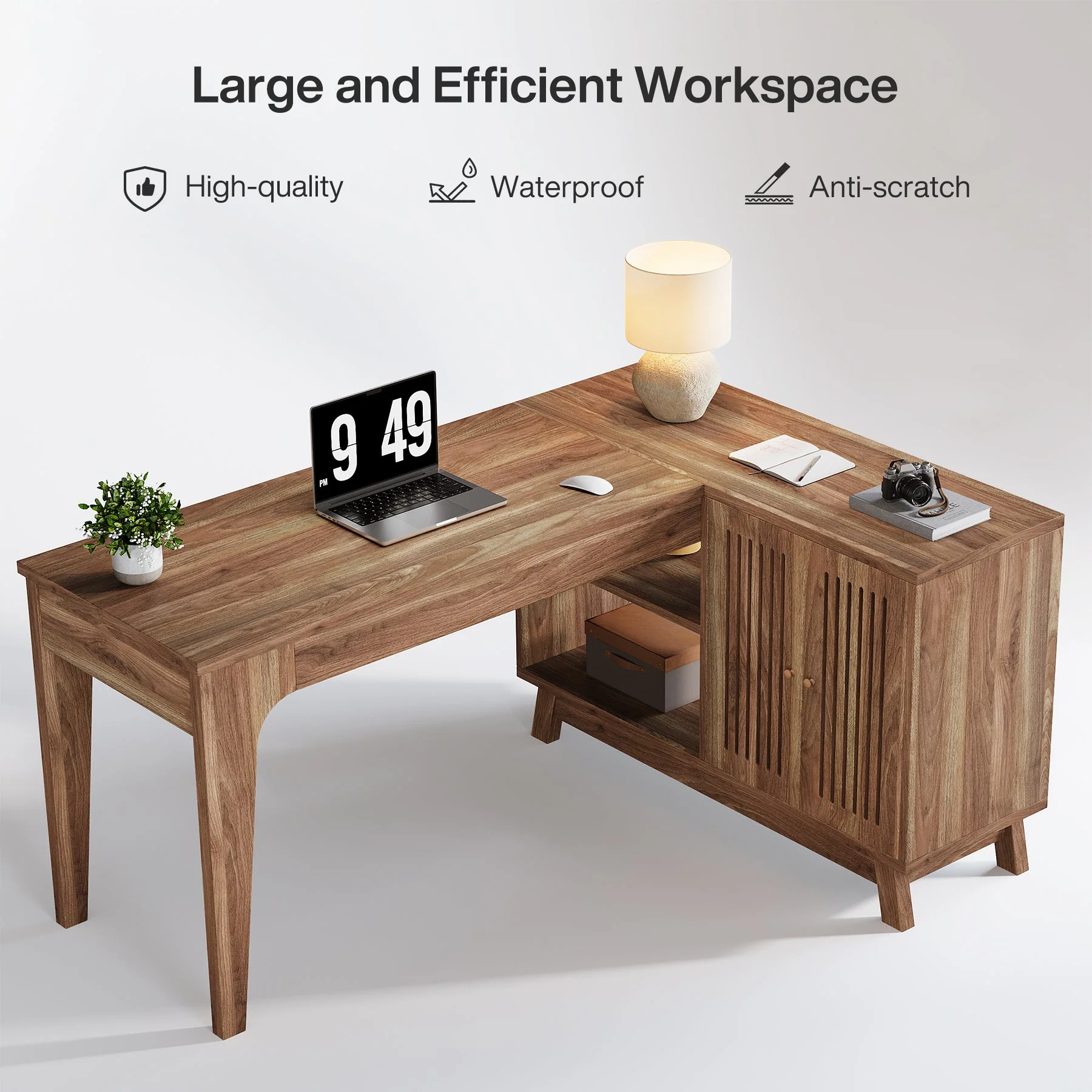 57" L-Shaped Corner Desk, Wood Computer Desk Study Writing Table with Cabinet - Image 6