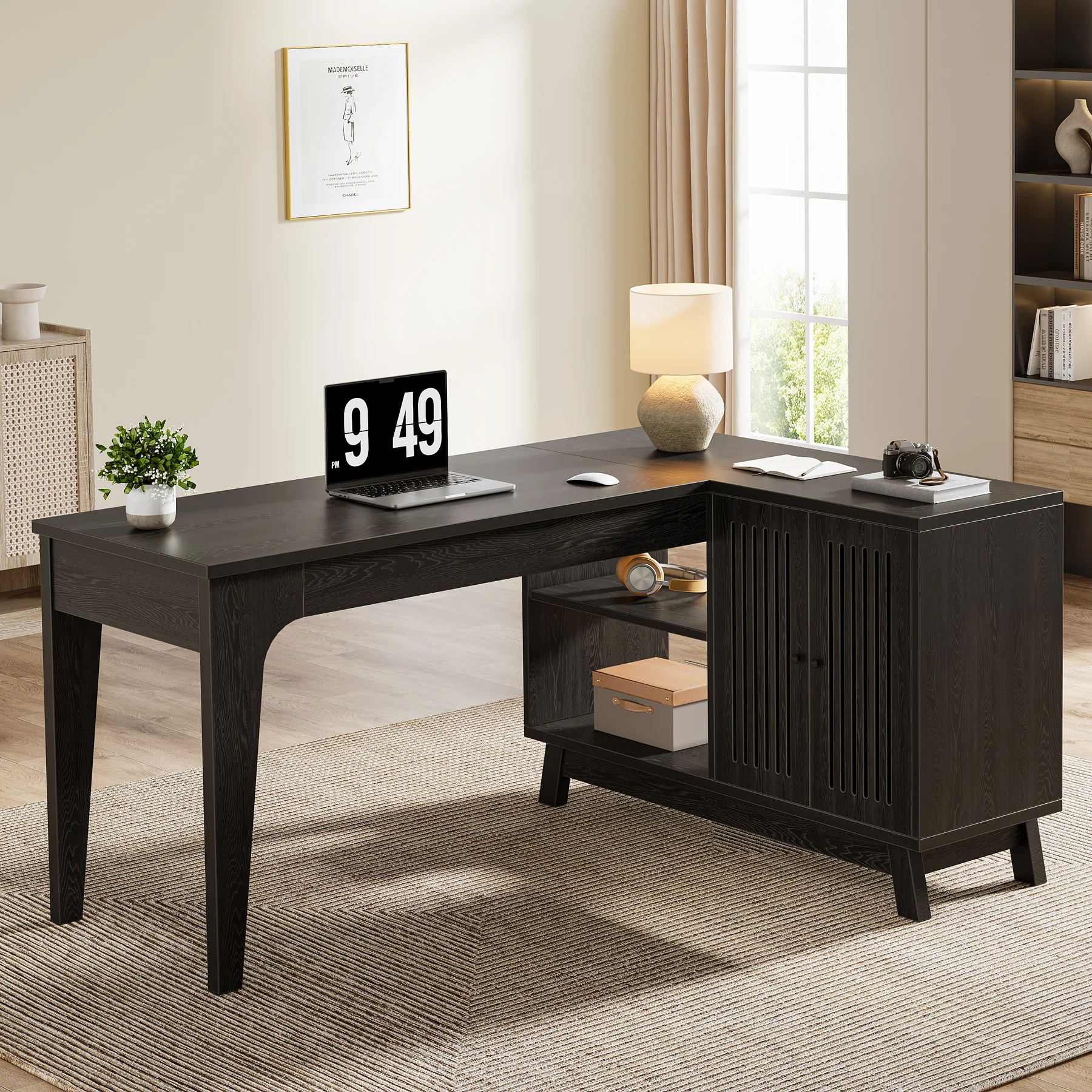 57" L-Shaped Corner Desk, Wood Computer Desk Study Writing Table with Cabinet - Image 7
