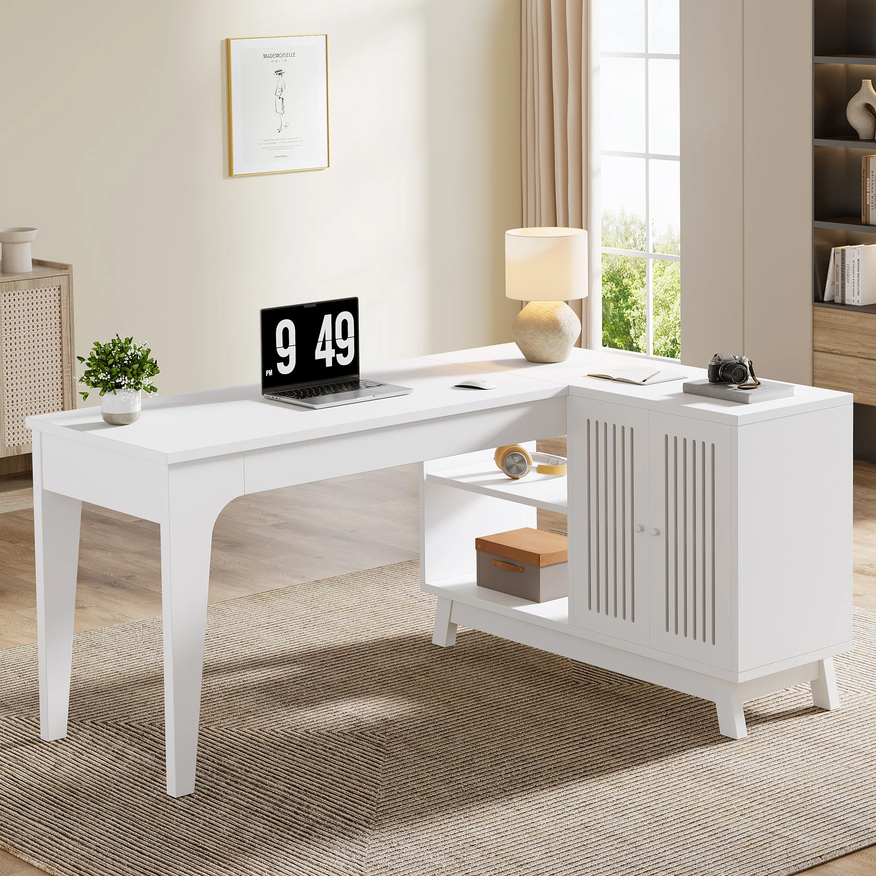 57" L-Shaped Corner Desk, Wood Computer Desk Study Writing Table with Cabinet - Image 9