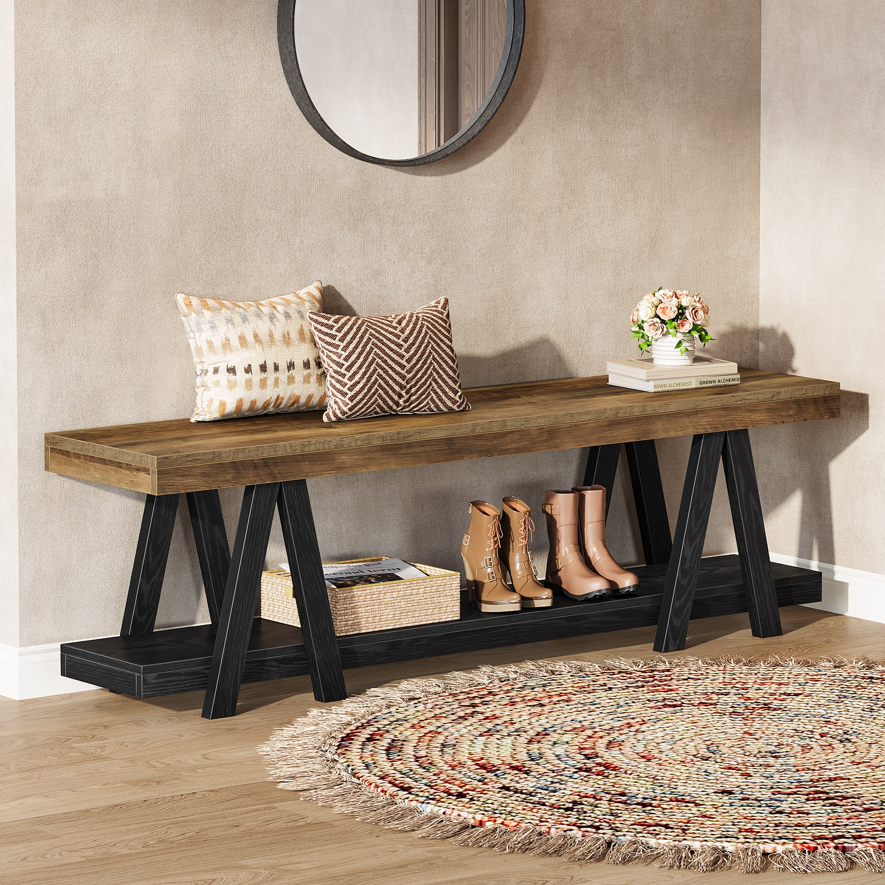 59.05" Entryway Bench with Shoe Storage, 2-Tier End of Bed Bench with Shelves - Image 3