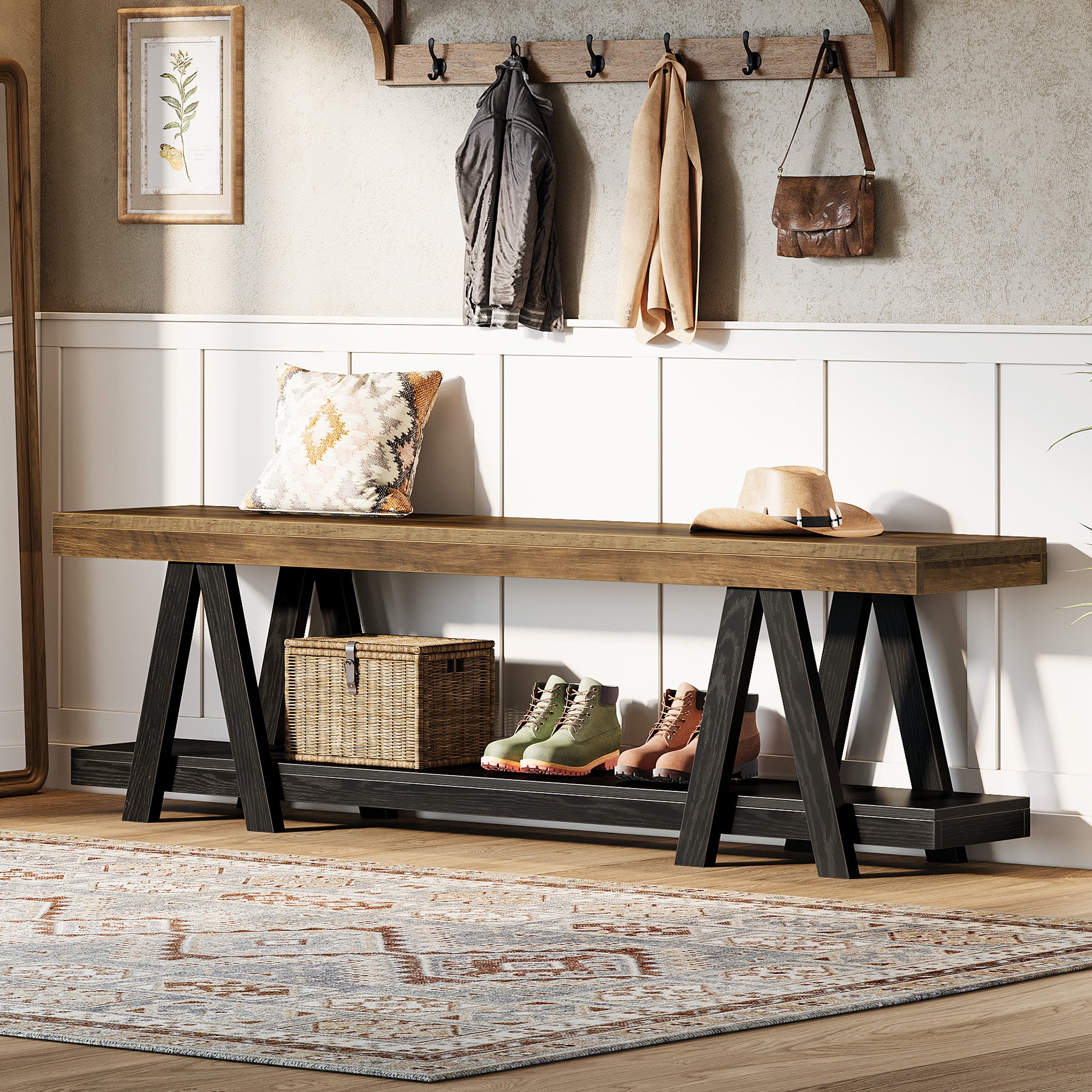 59.05" Entryway Bench with Shoe Storage, 2-Tier End of Bed Bench with Shelves - Image 4