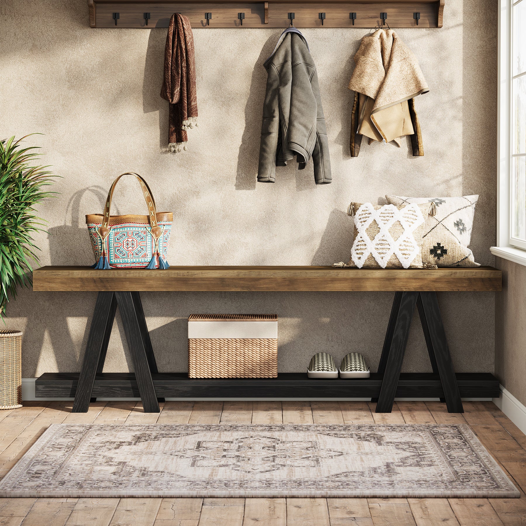 59.05" Entryway Bench with Shoe Storage, 2-Tier End of Bed Bench with Shelves - Image 5