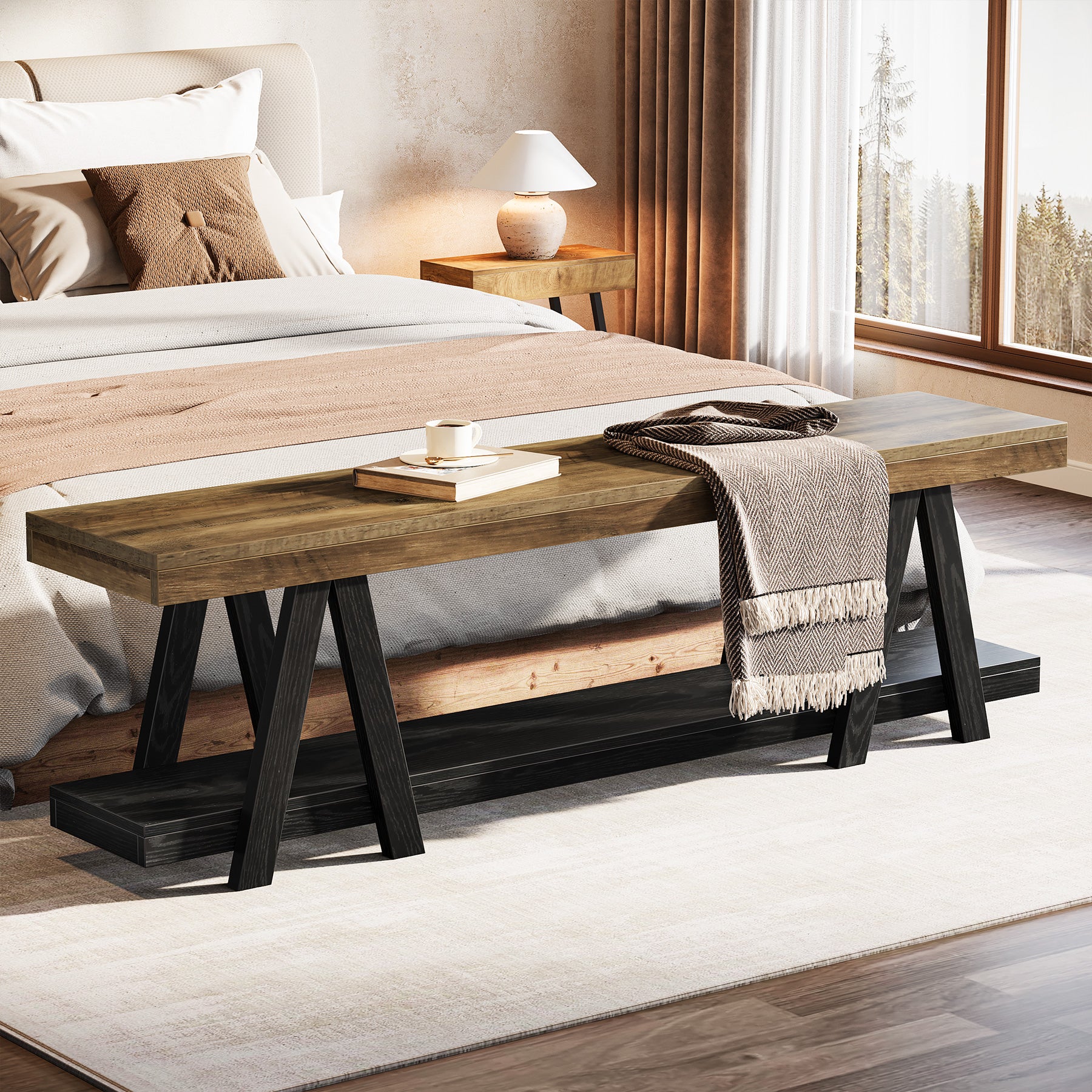 59.05" Entryway Bench with Shoe Storage, 2-Tier End of Bed Bench with Shelves - Image 6